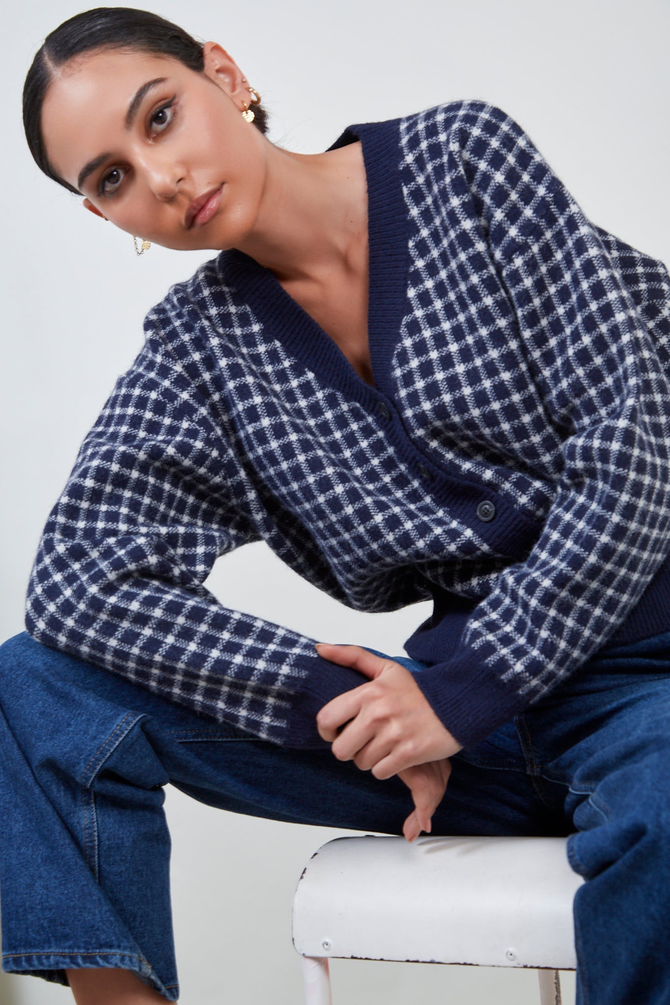 Navy and white gingham check cardigan_1