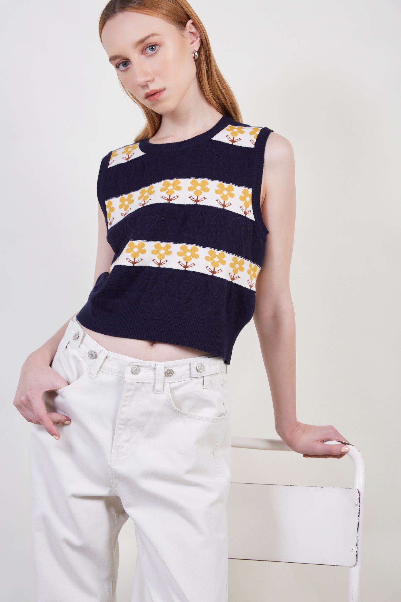 Navy and yellow bold floral sweater vest_1