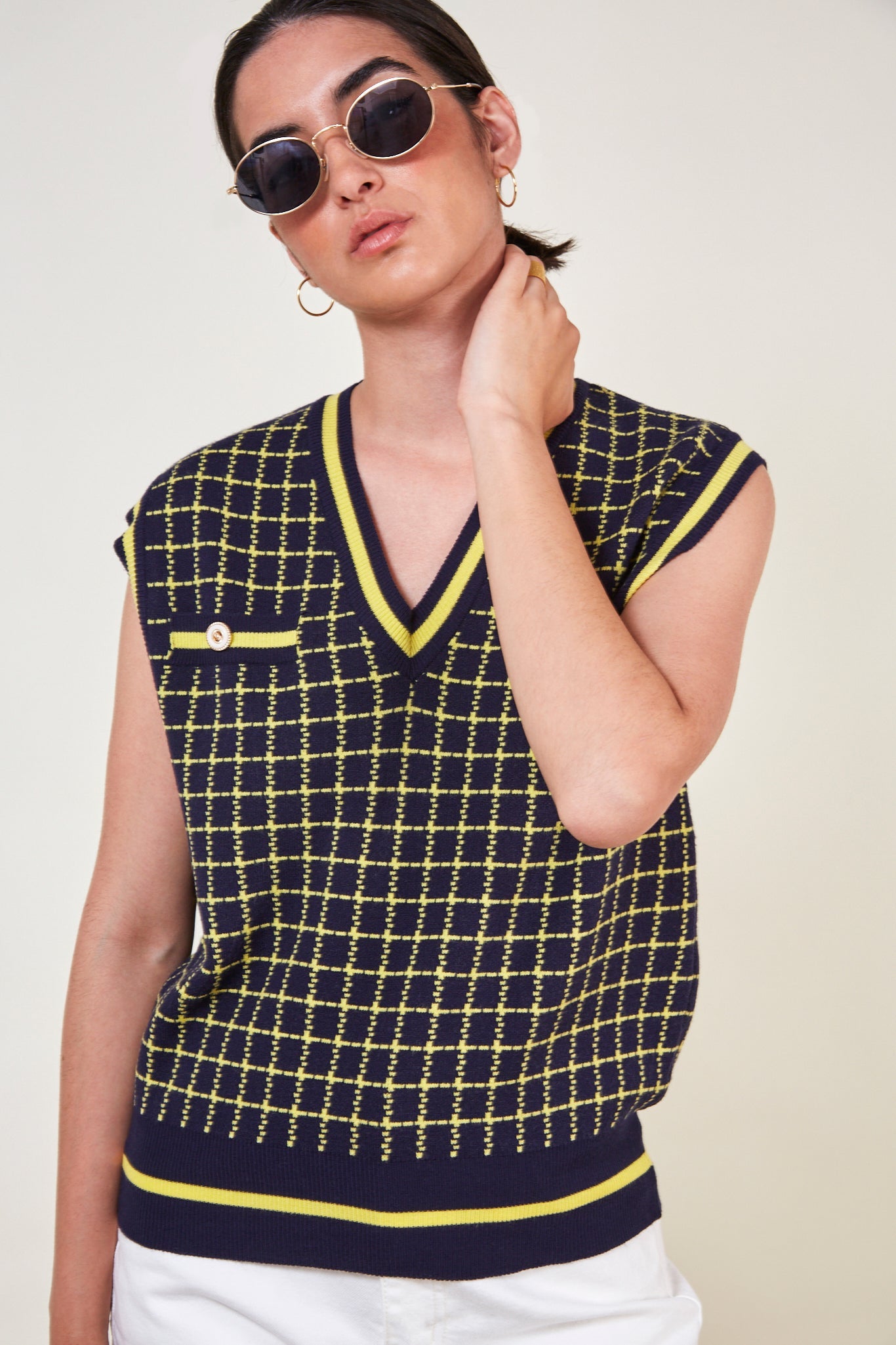 Navy and yellow box check sweater vest_1