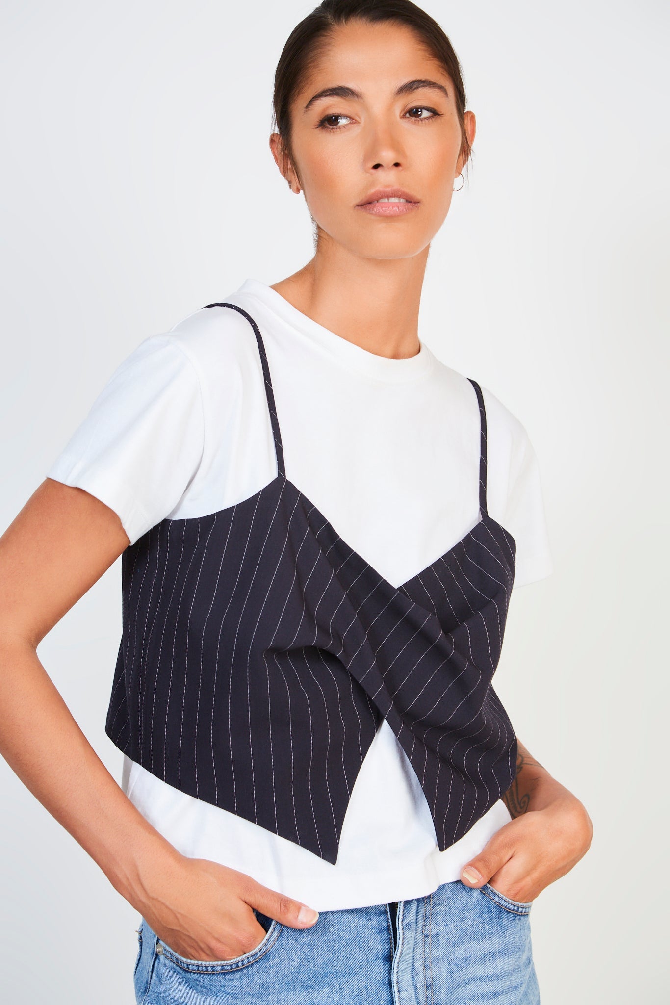 Navy blue and white pinstripe tank top_1