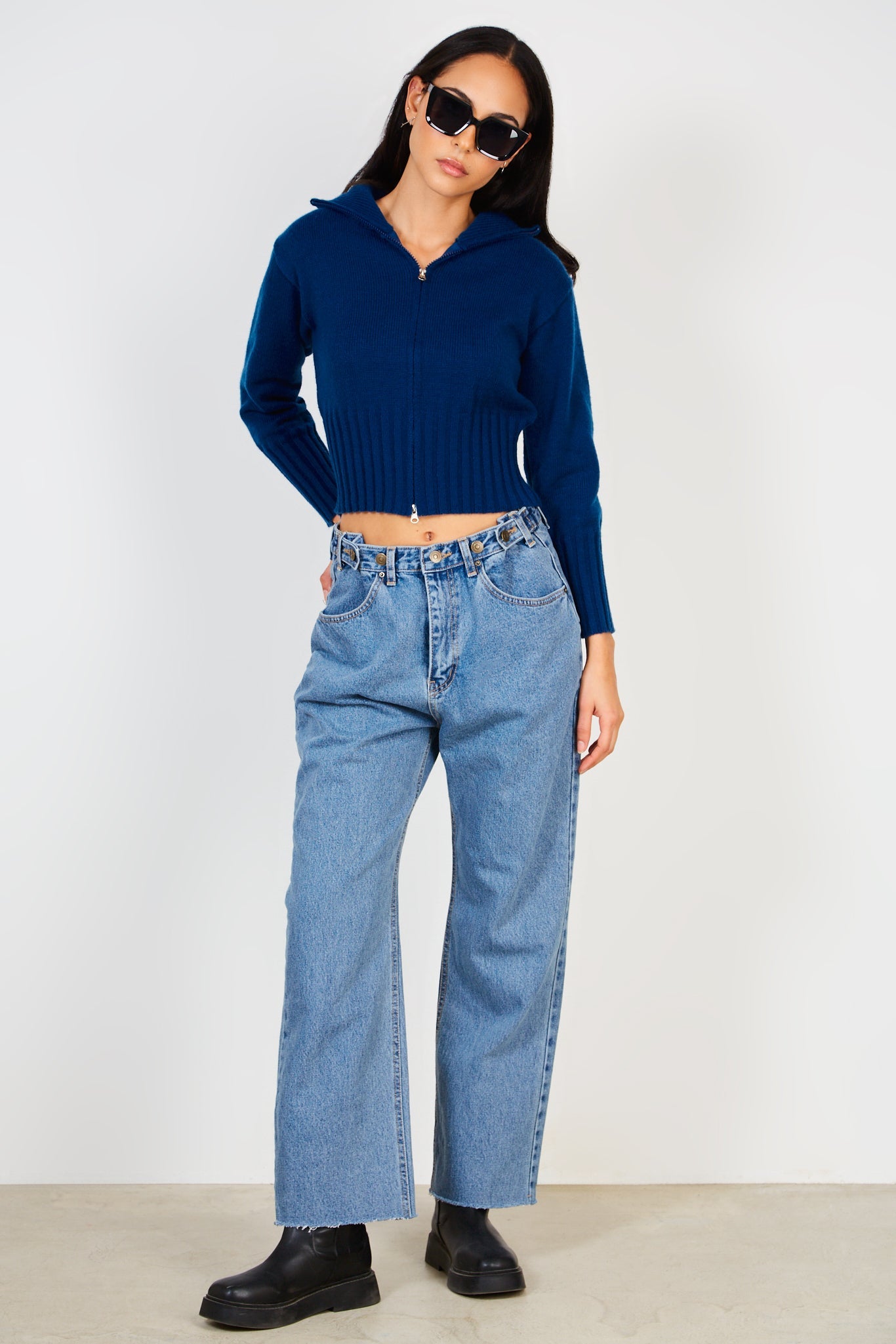 Navy blue high neck double zip cardigan_3