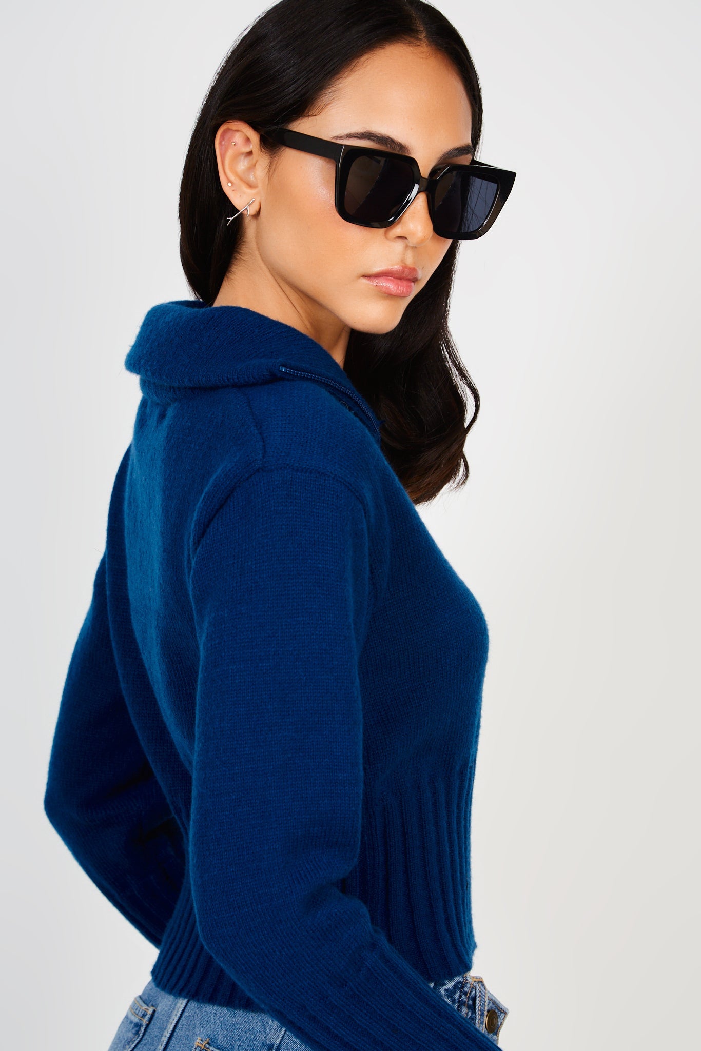 Navy blue high neck double zip cardigan_2
