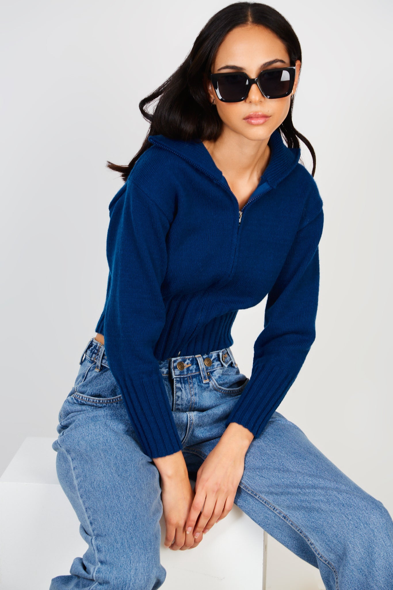 Navy blue high neck double zip cardigan_4