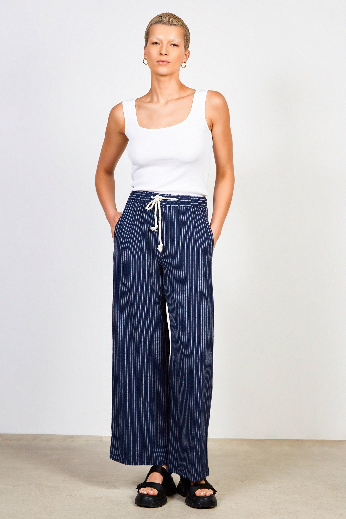 Navy blue pinstripe drawstring trousers_3