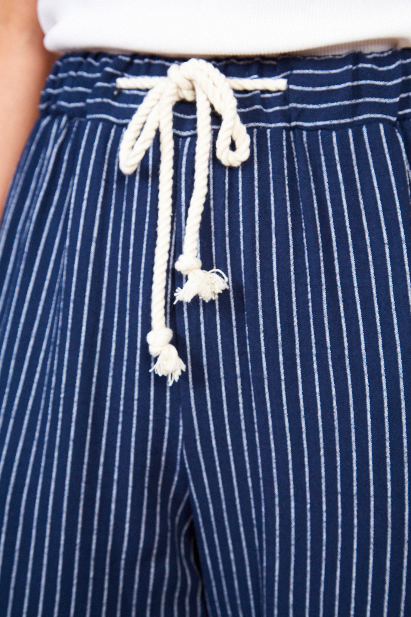 Navy blue pinstripe drawstring trousers_4