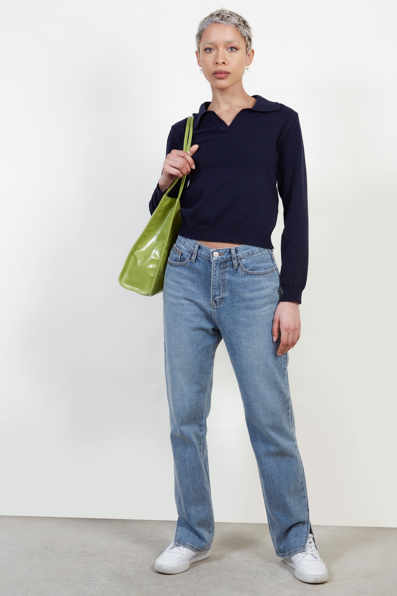 Navy blue polo knit top_2