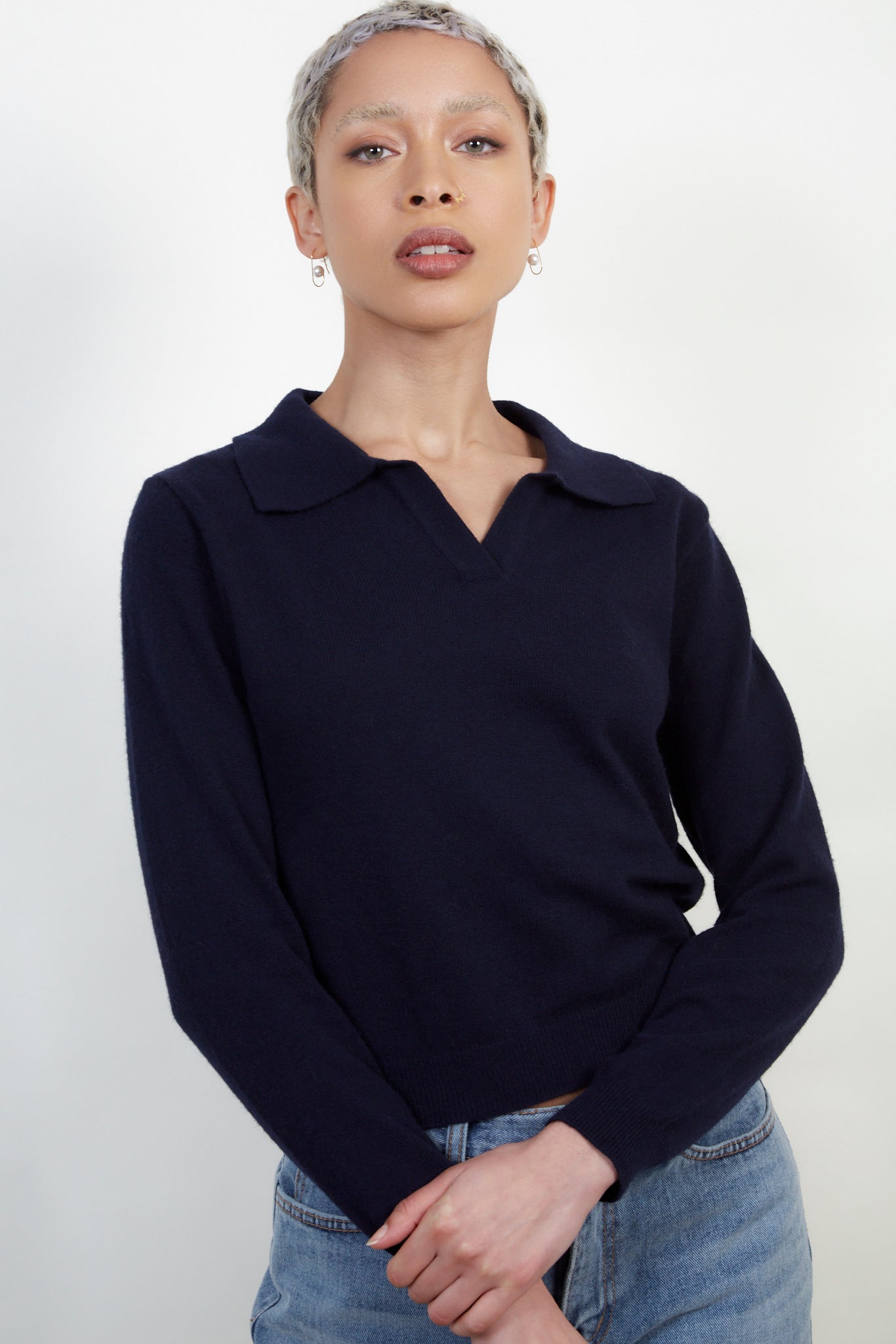 Navy blue polo knit top_1