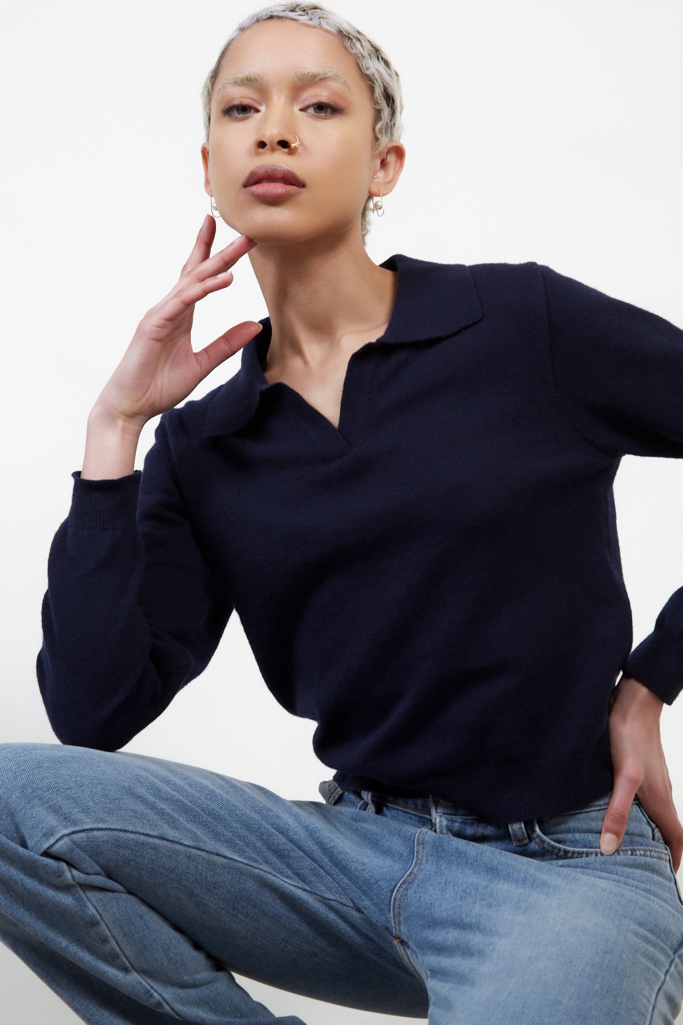 Navy blue polo knit top_5