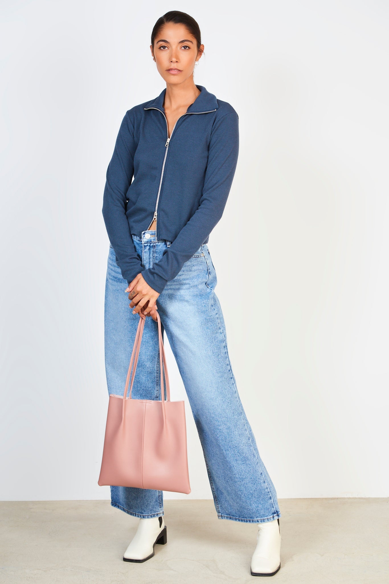 Navy blue ribbed zip top_3