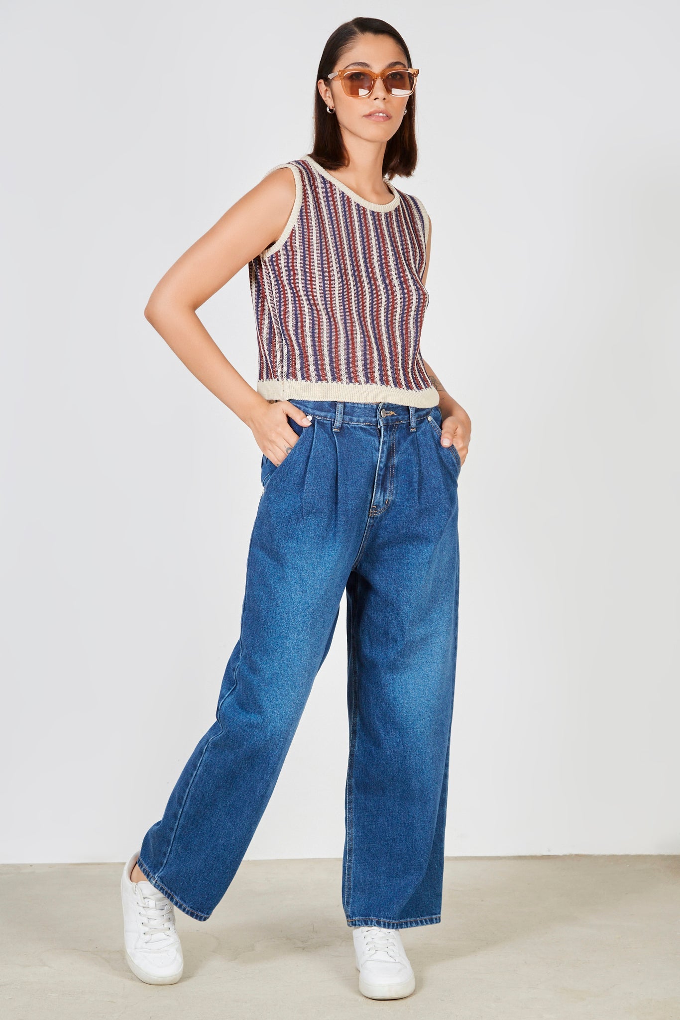 Navy burgundy and cream vertical stripe knit vest_2