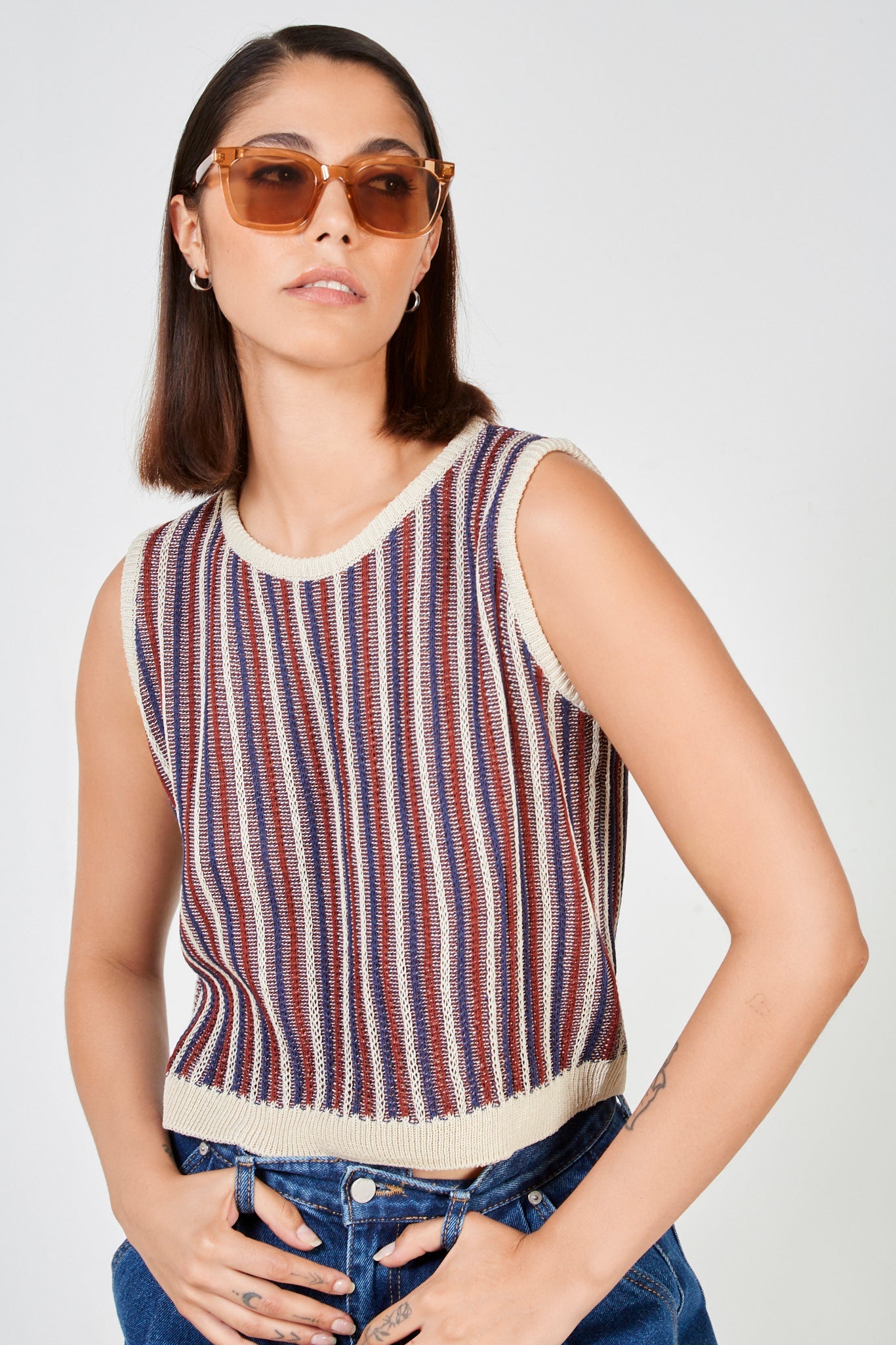 Navy burgundy and cream vertical stripe knit vest_1