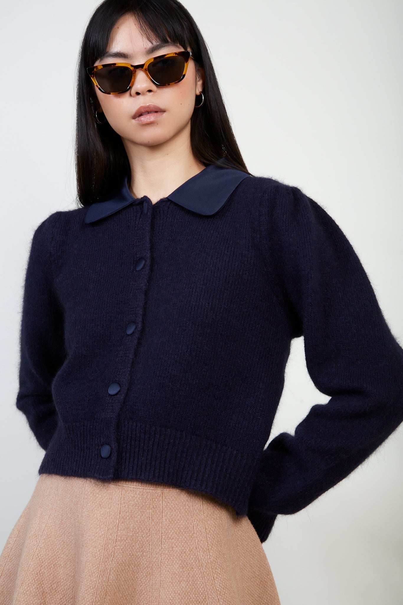 Navy silky collar angora cardigan_1