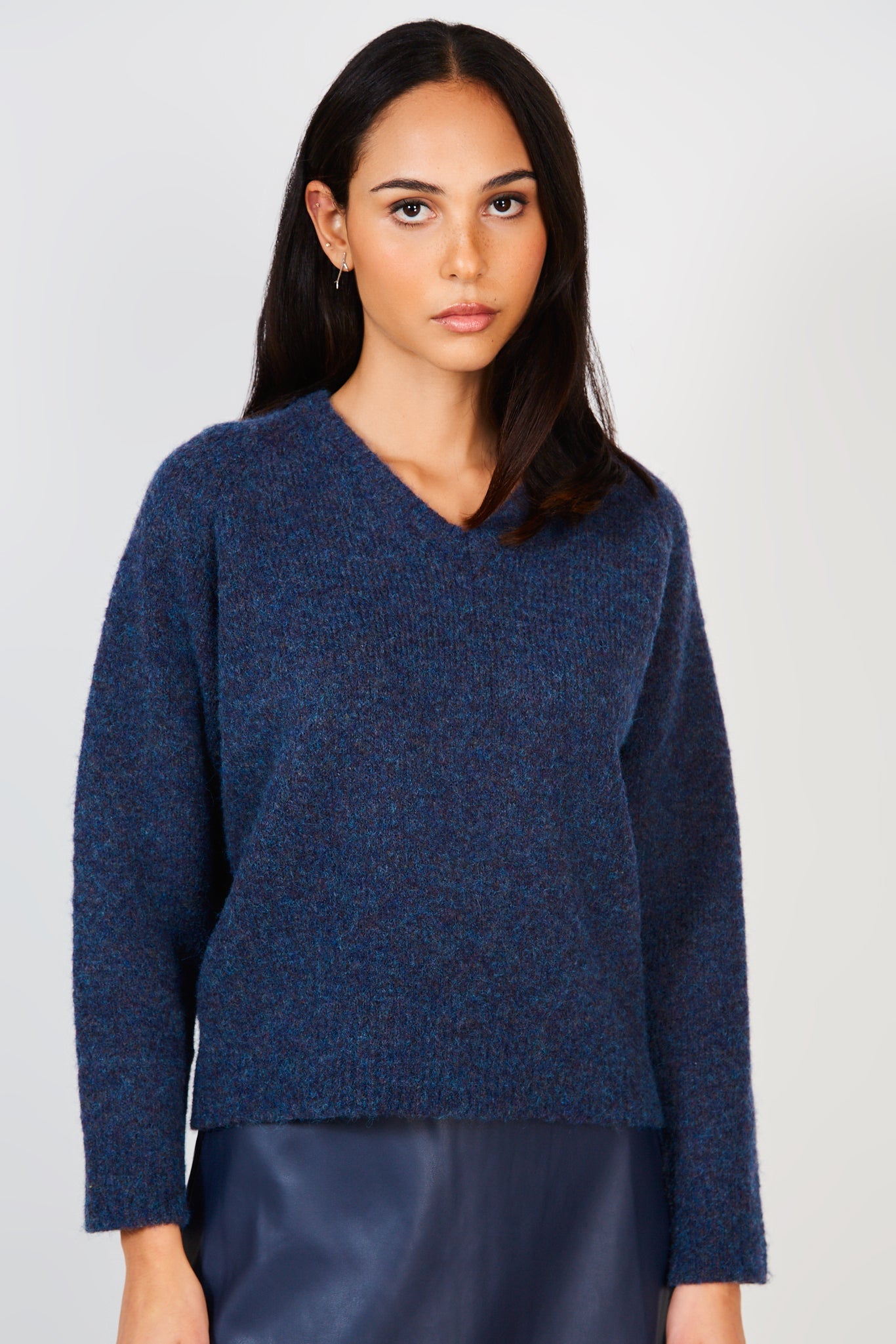 Navy wool blend v neck jumper_1