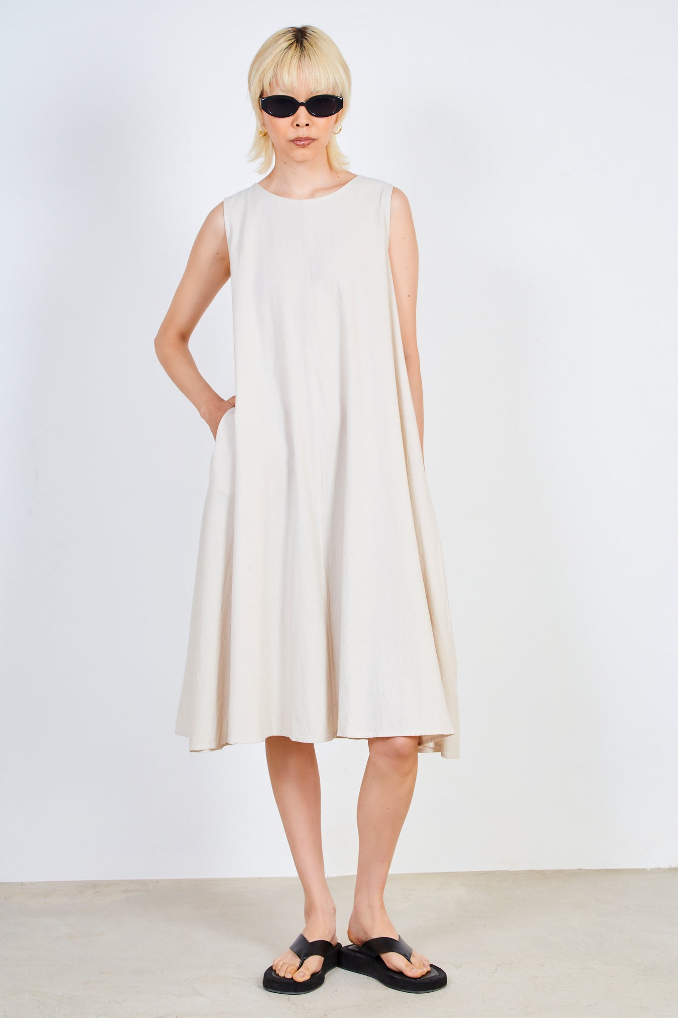Oatmeal linen blend tank midi dress_1