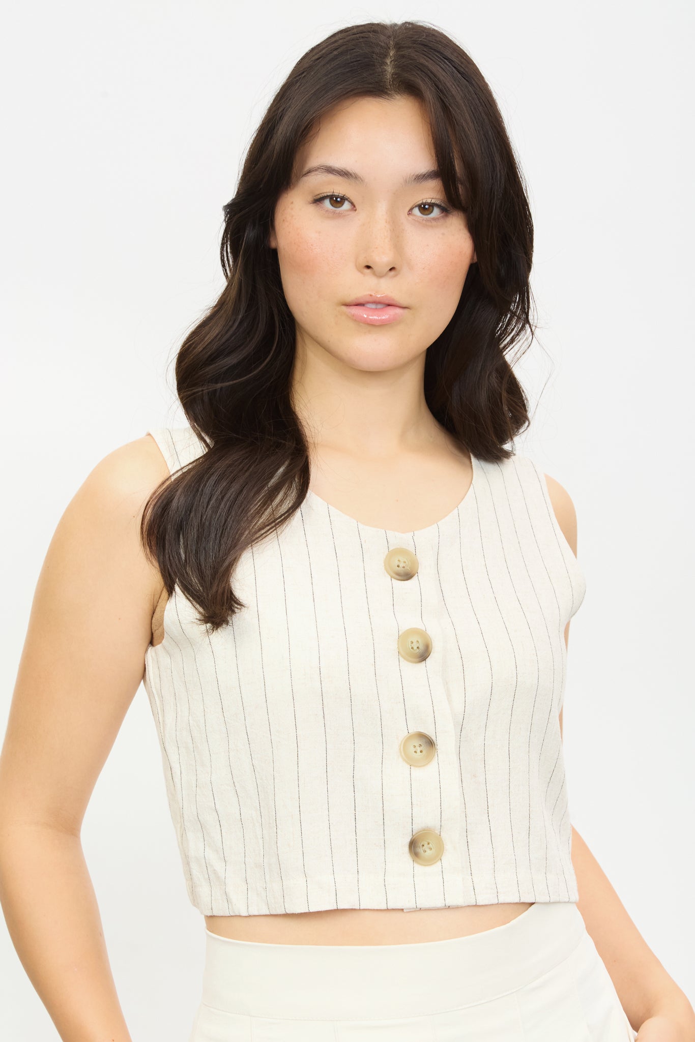 Oatmeal and black pinstripe button front tank_1