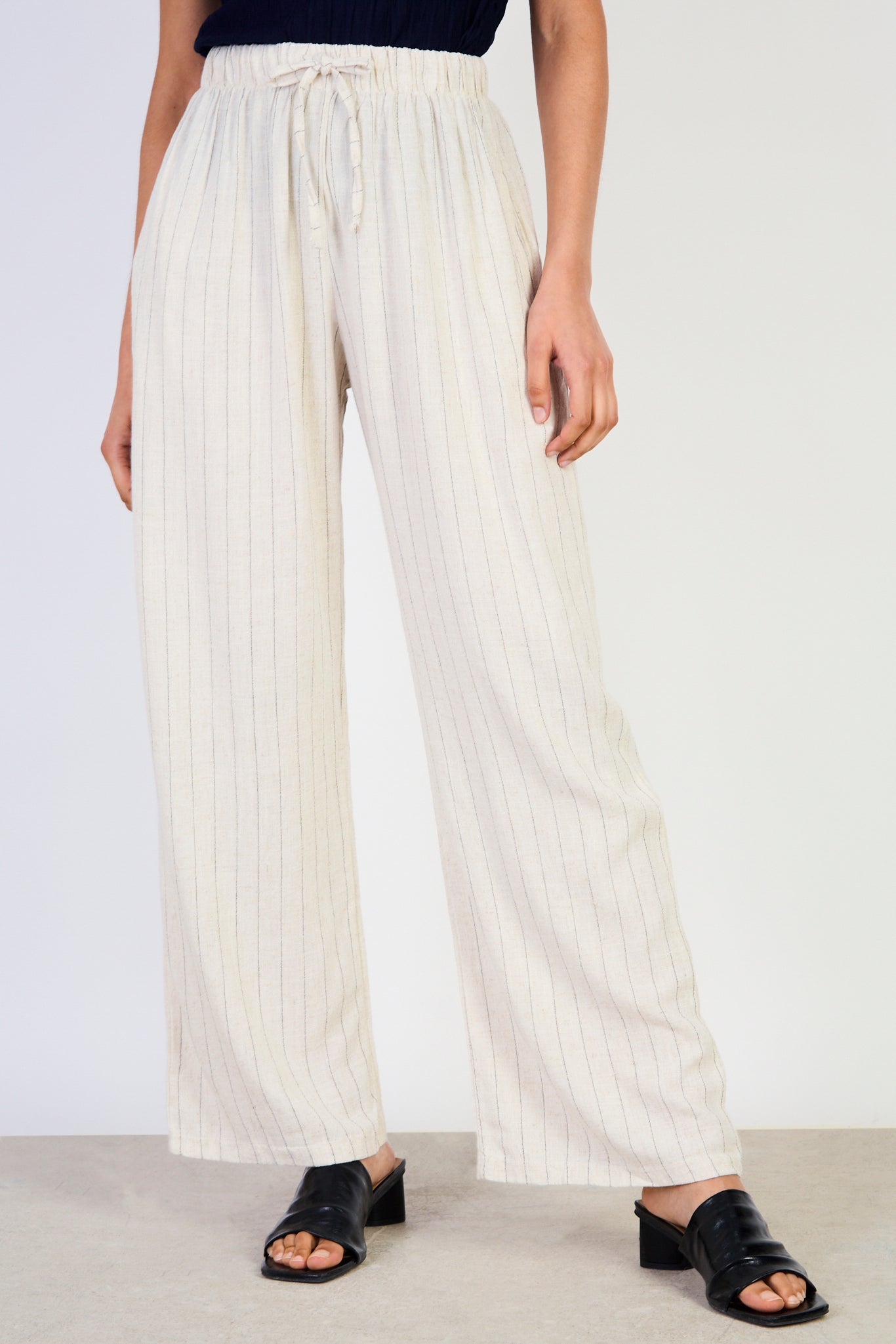 Oatmeal and black striped tie waist trousers_1