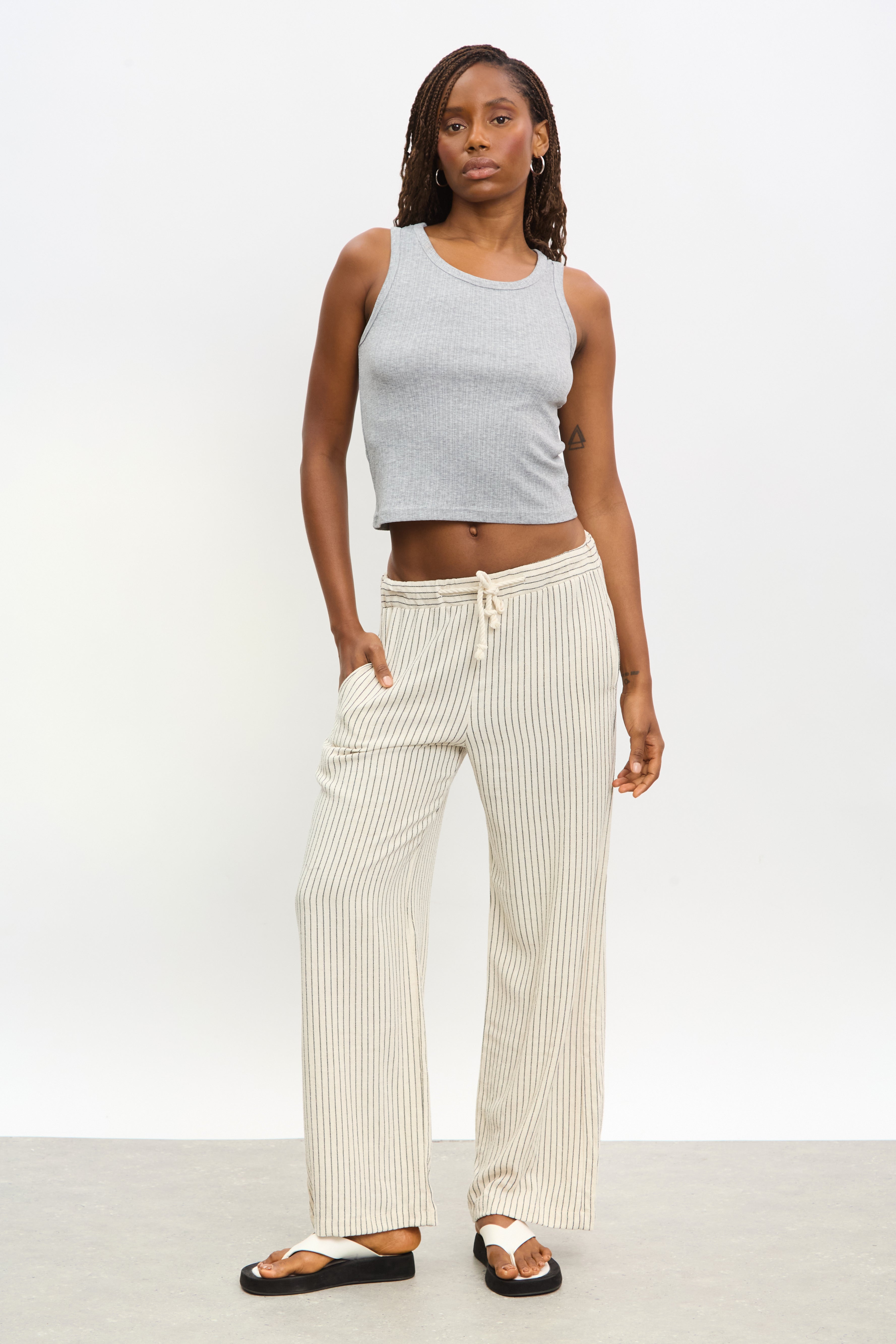 Oatmeal pinstripe rope drawstring trousers_5