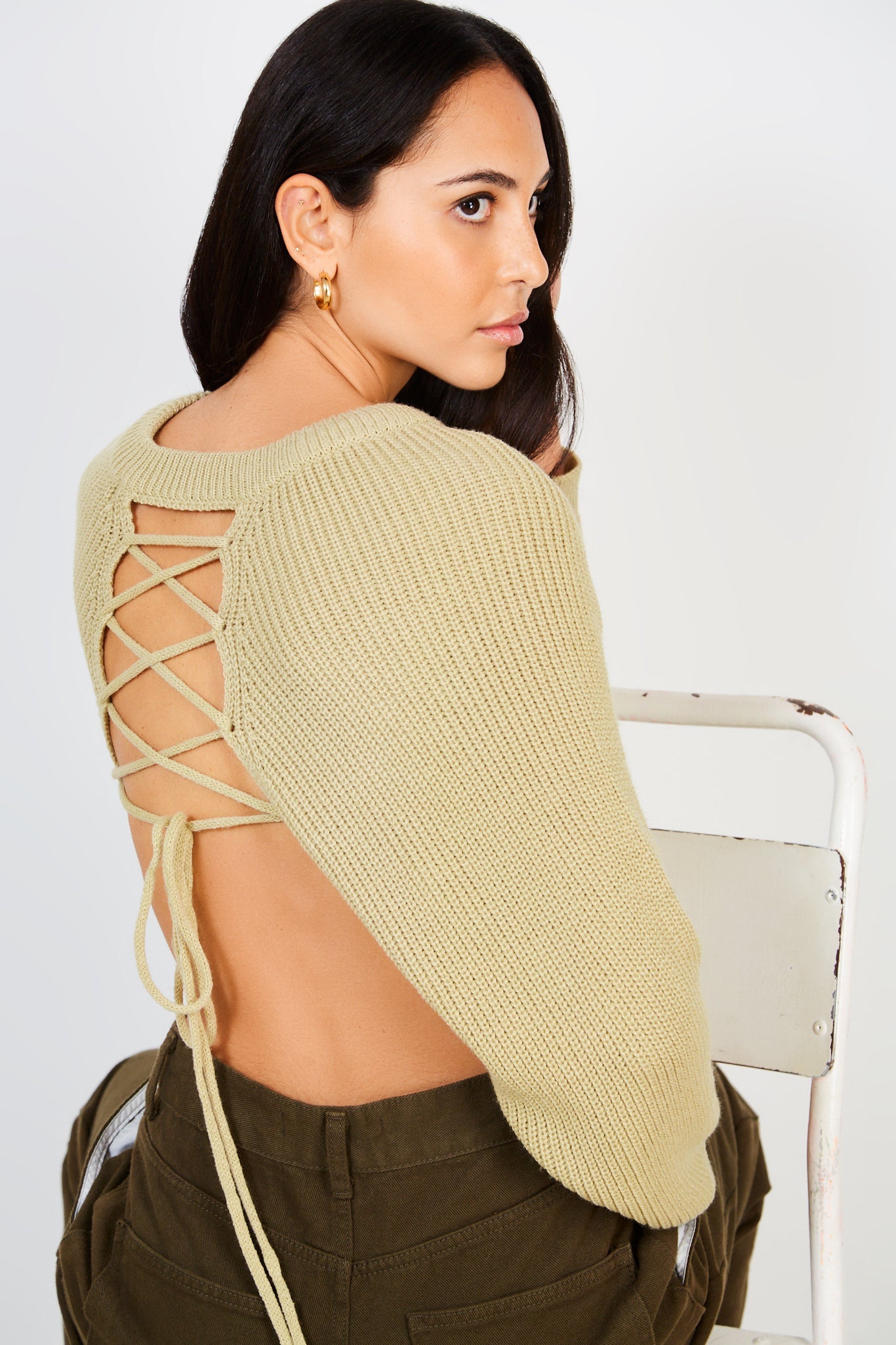 Olive green open tie back jumper_1