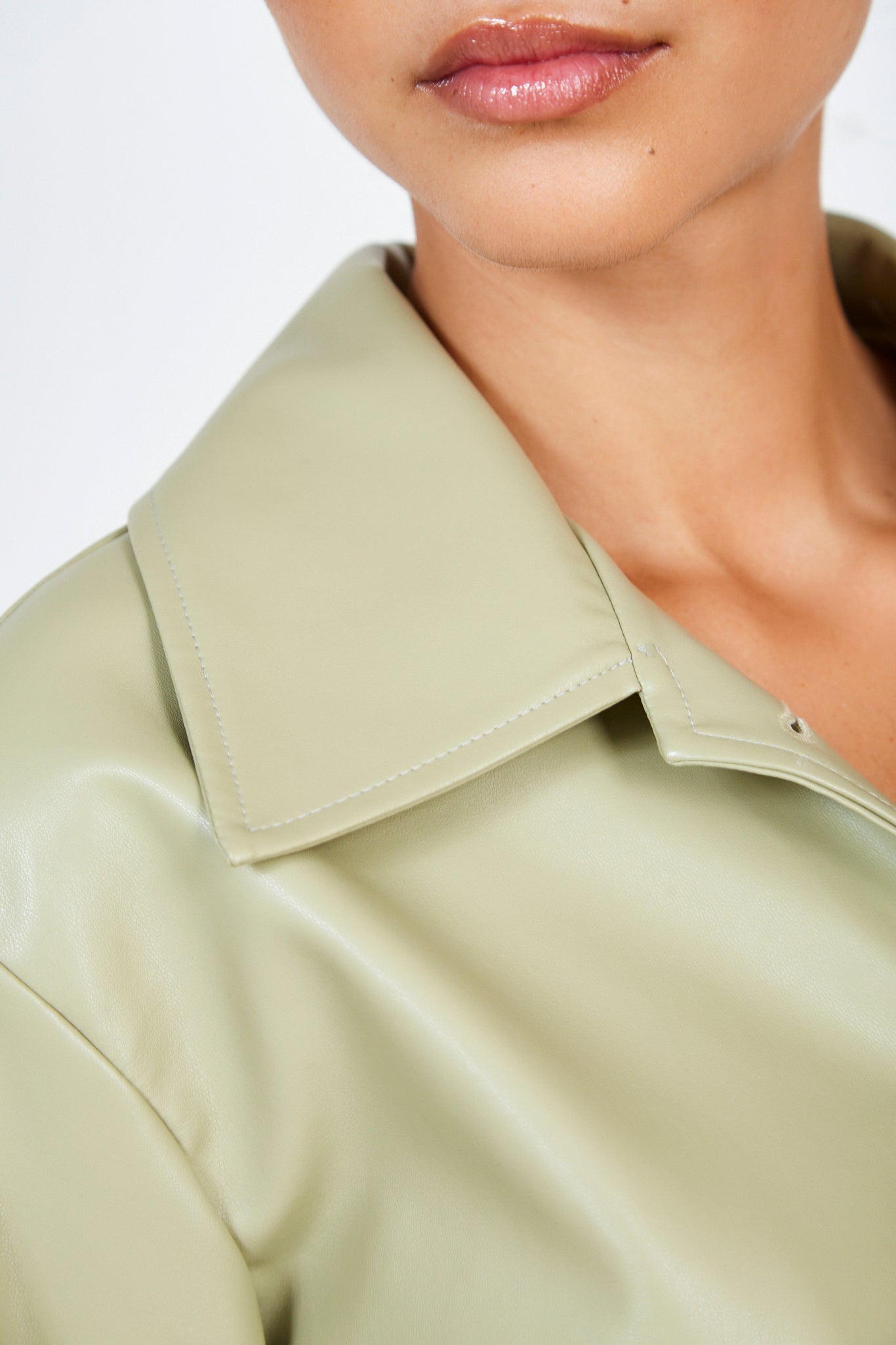 Olive green vegan leather button up jacket_4
