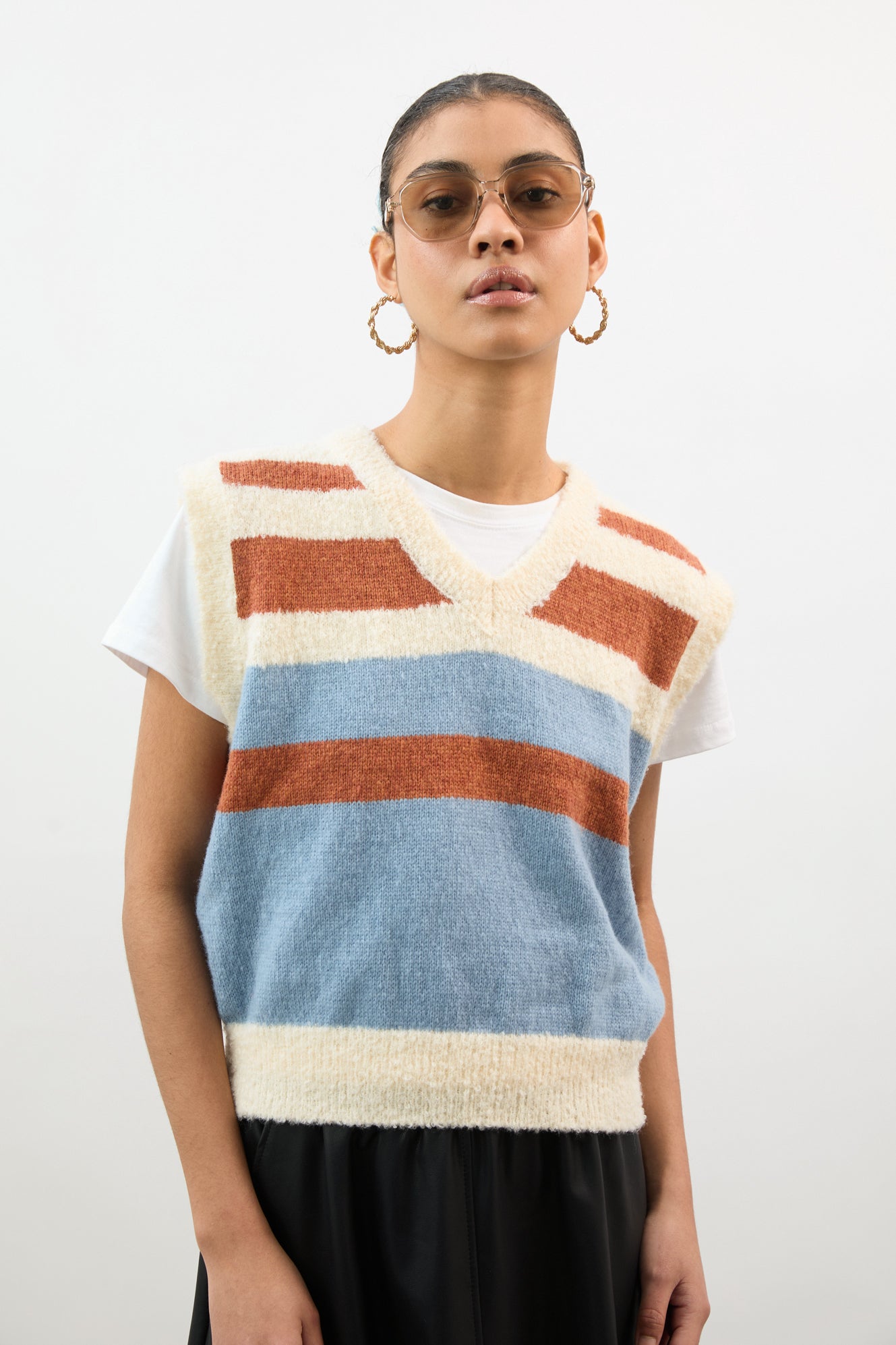 Orange and blue textured striped wool blend sweater vest_1