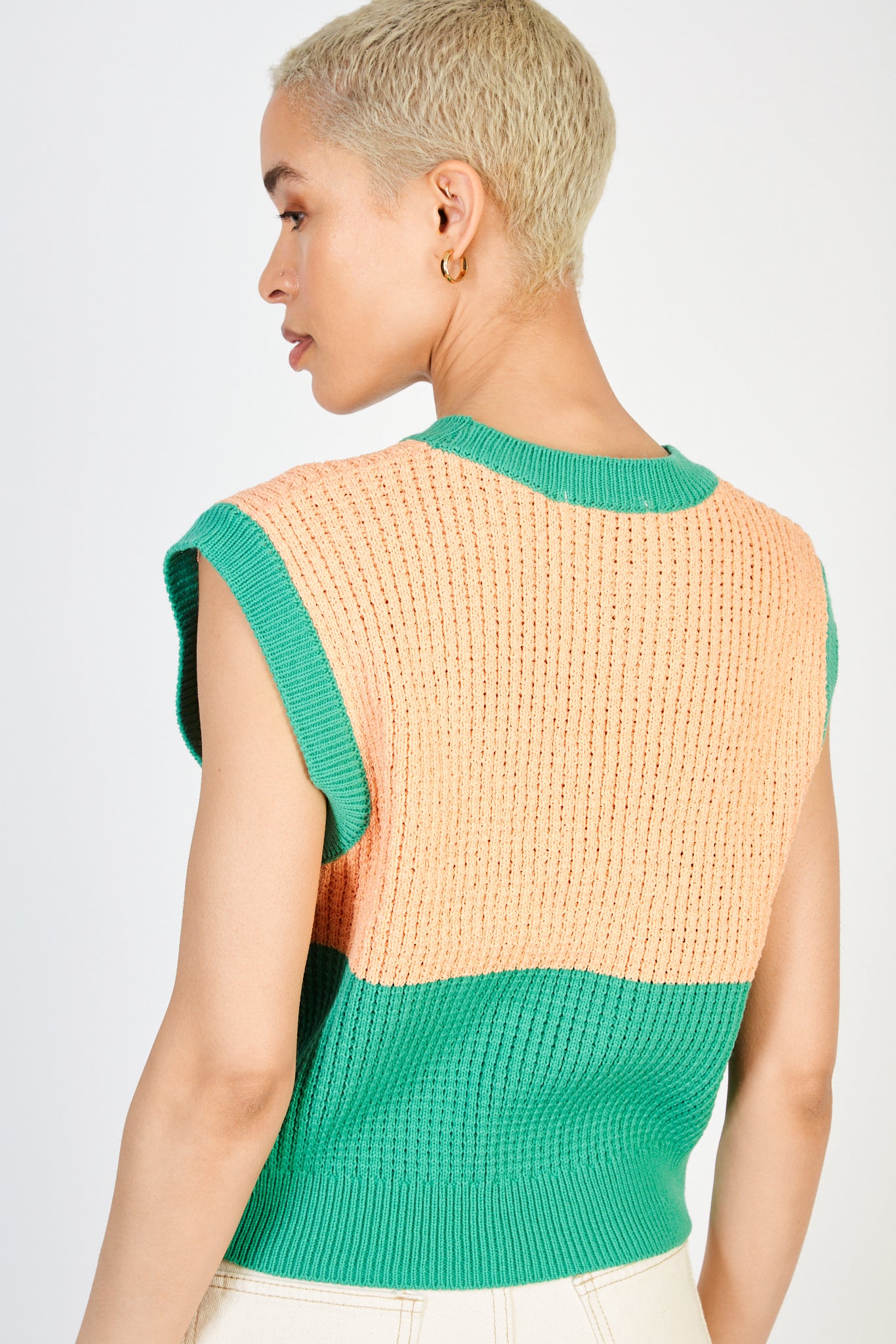 Orange and green colorblock waffle knit sweater vest_2