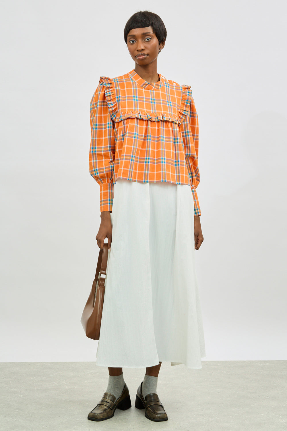 Orange blue and ivory plaid ruffle trim blouse_4