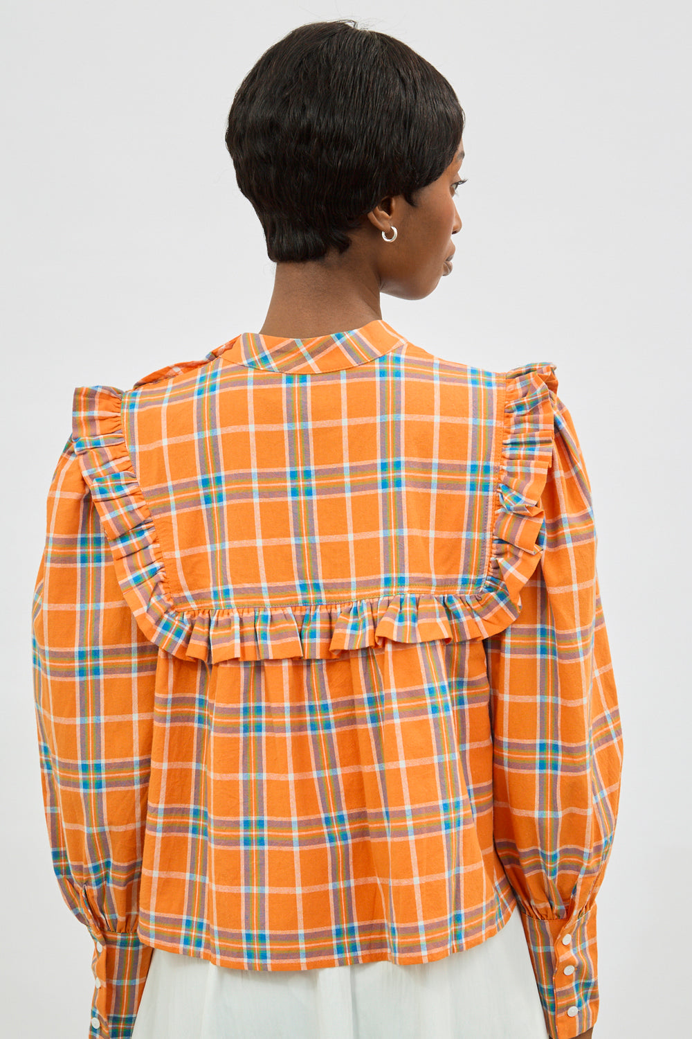 Orange blue and ivory plaid ruffle trim blouse_2