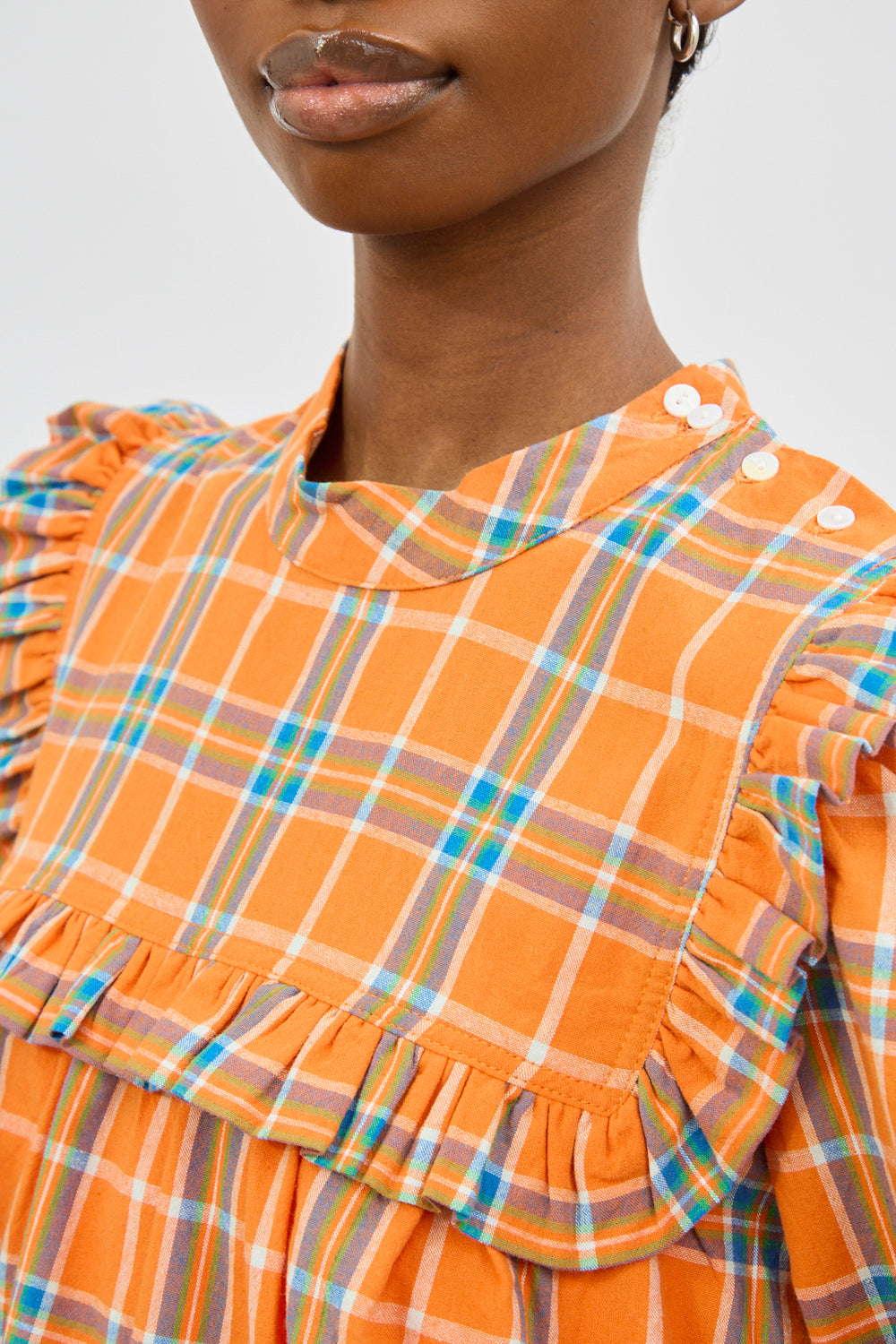 Orange blue and ivory plaid ruffle trim blouse_3