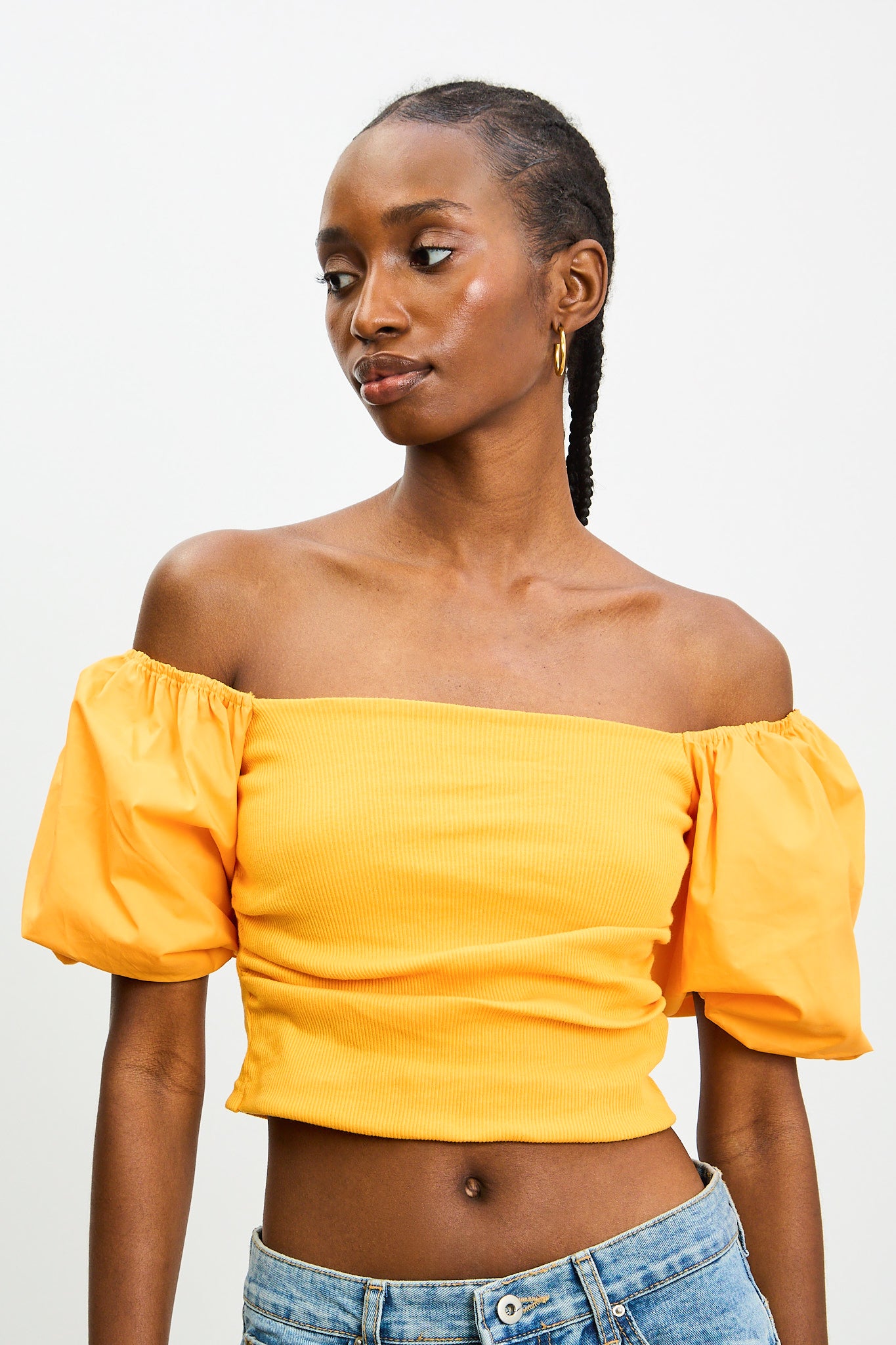 Orange ribbed jersey contrast puff sleeve top_1