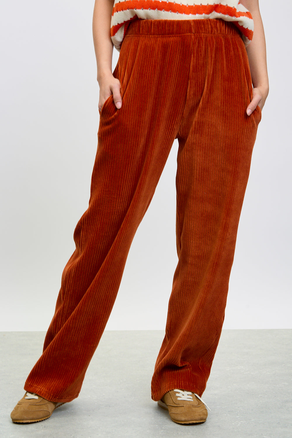 Orange thick wale drawstring trousers_1