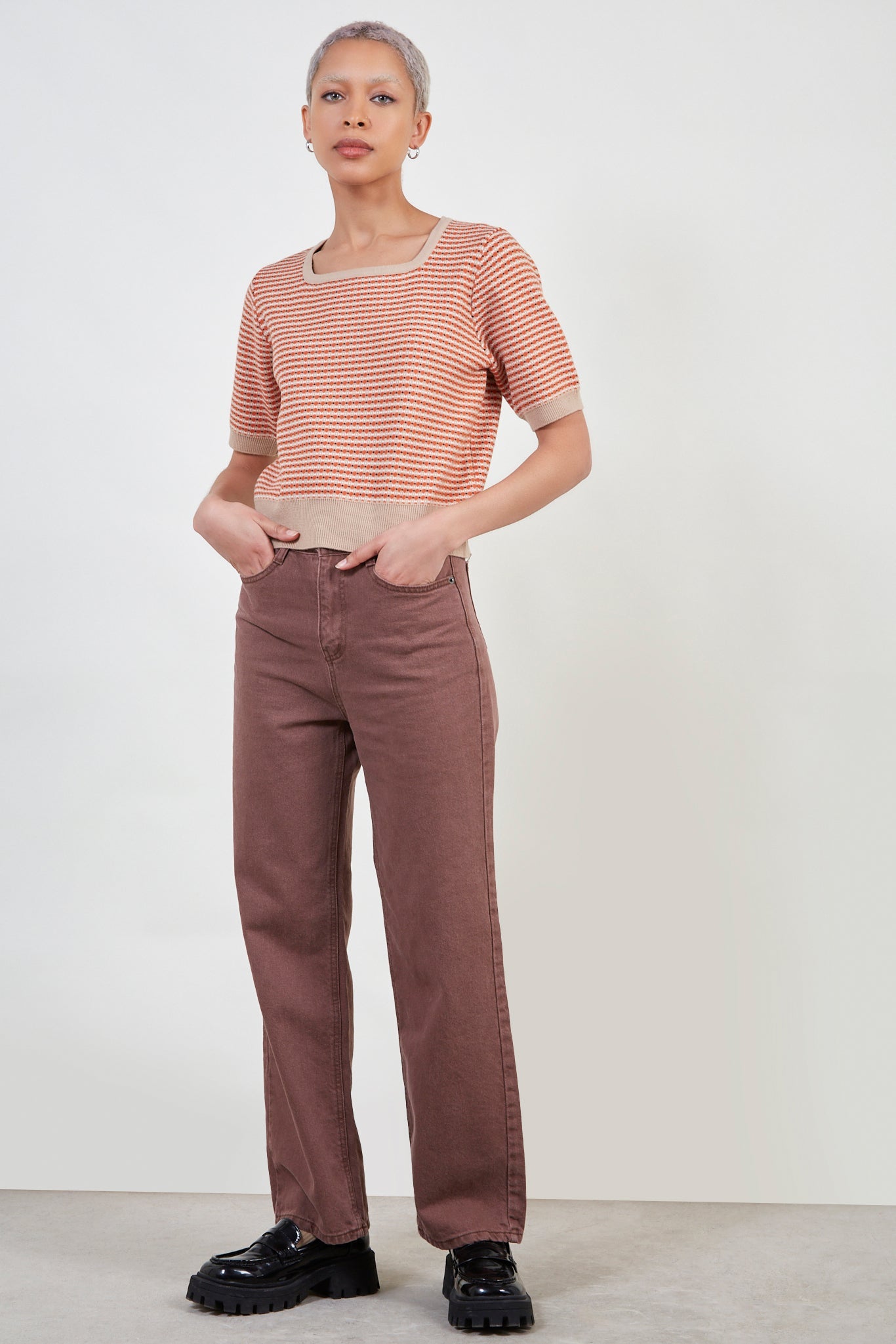 Orange and beige dots knit tee_5