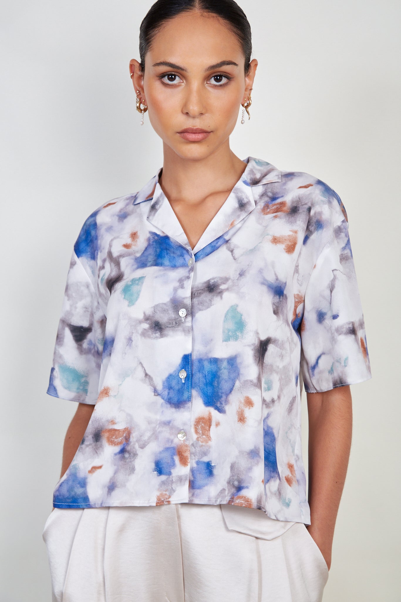 Orange and blue watercolour print shirt_4