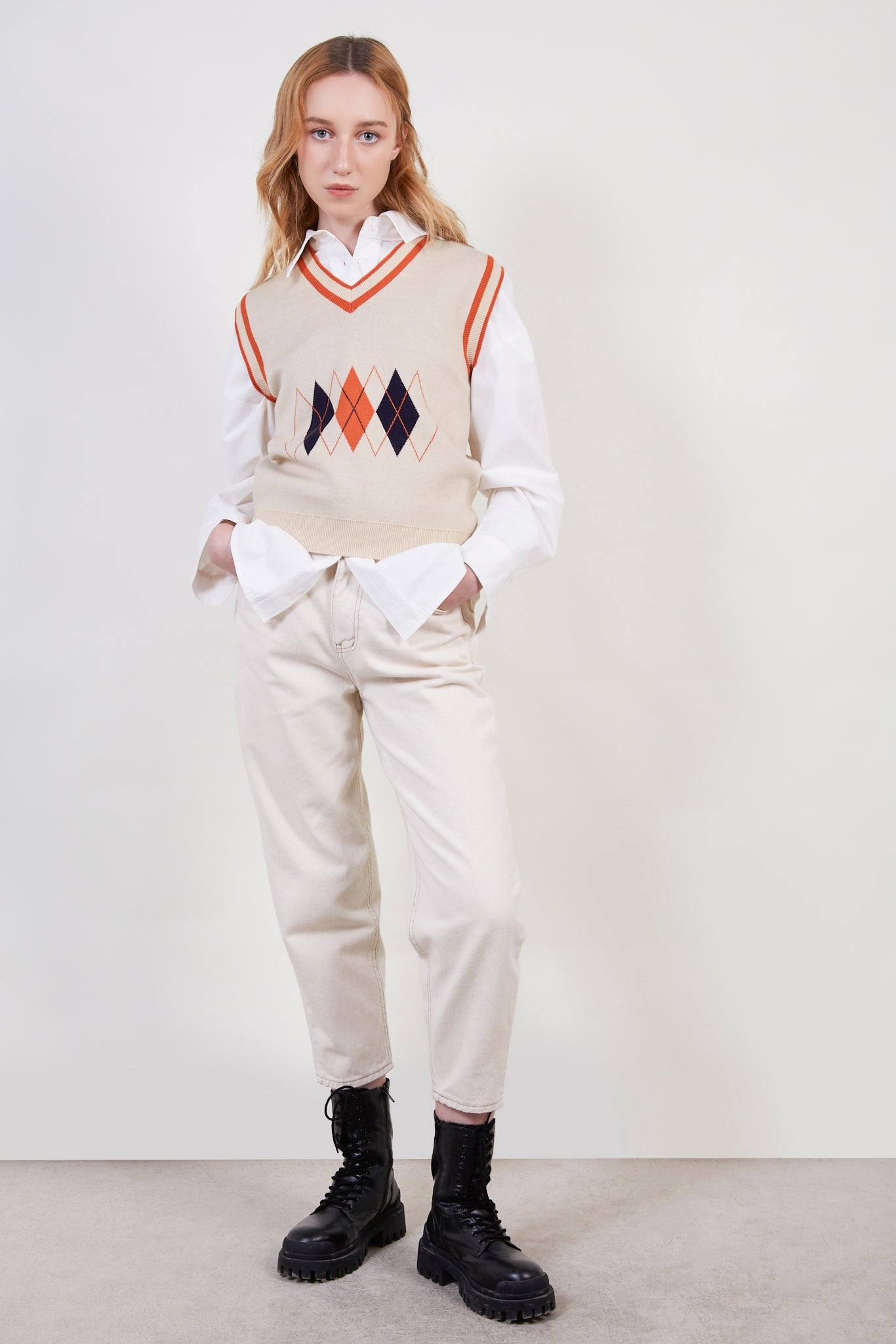 Orange varsity trim argyle vest_5