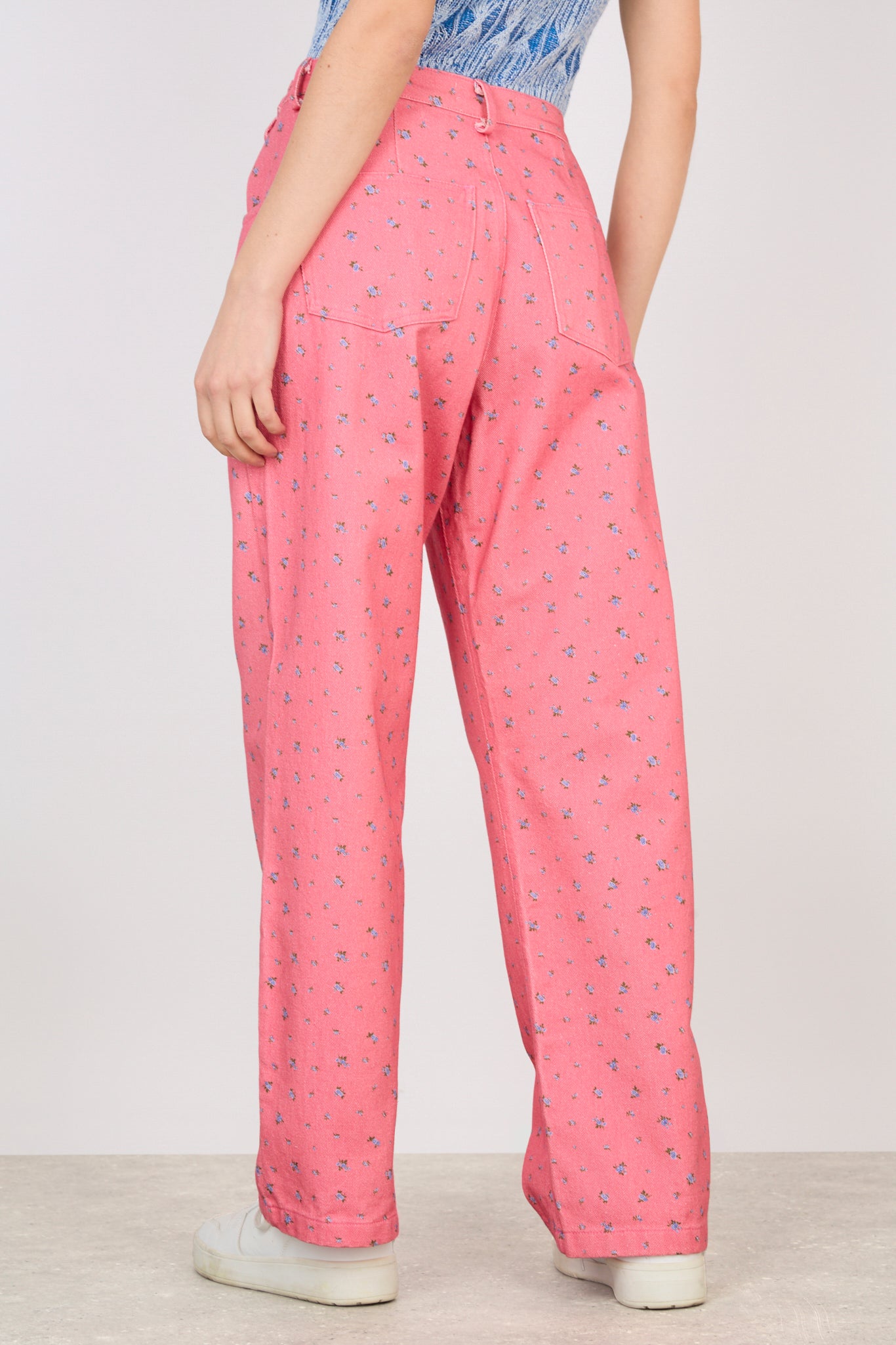Pink floral adjustable waist double button jeans_2