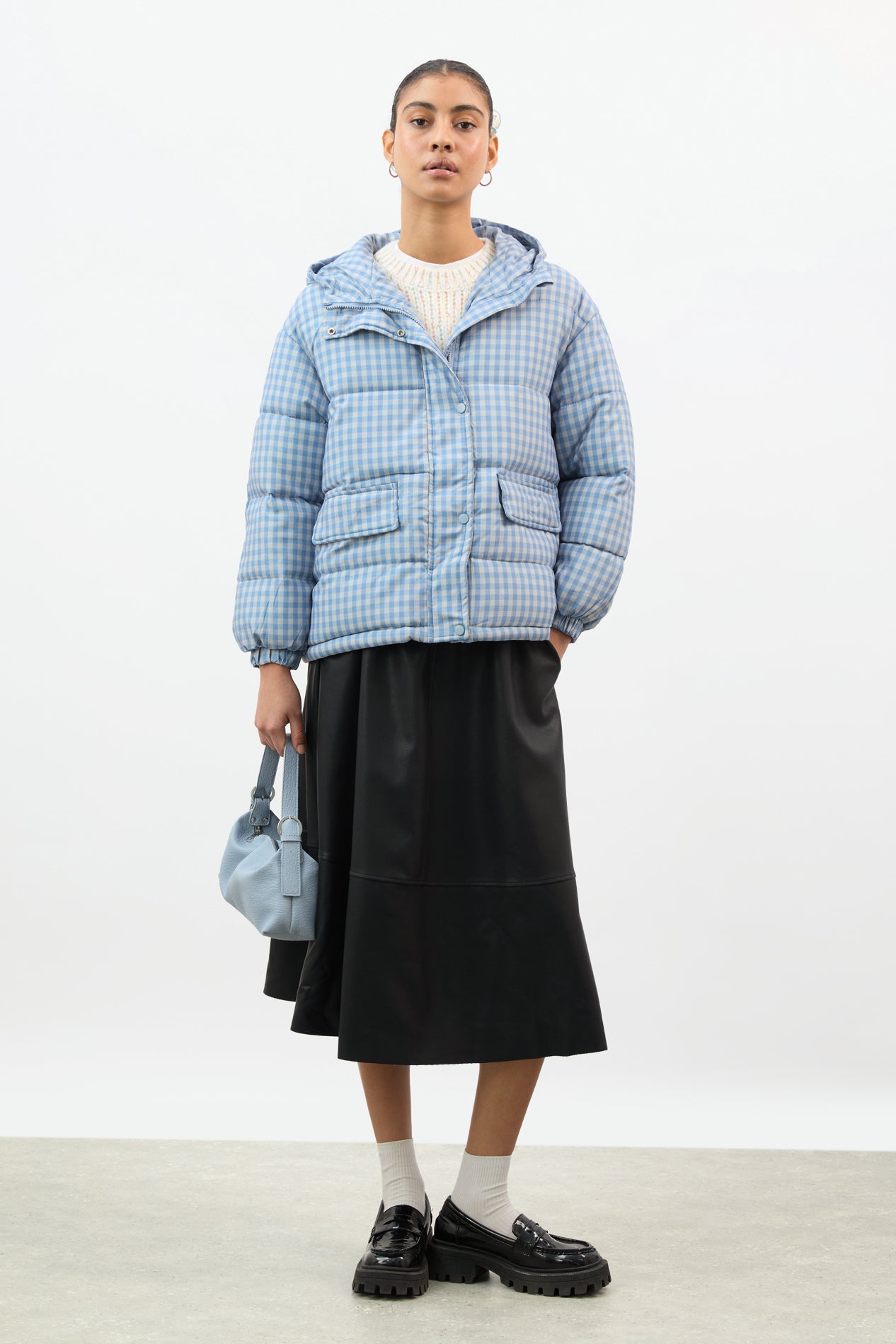Pale blue and ivory gingham hooded puffer coat_5