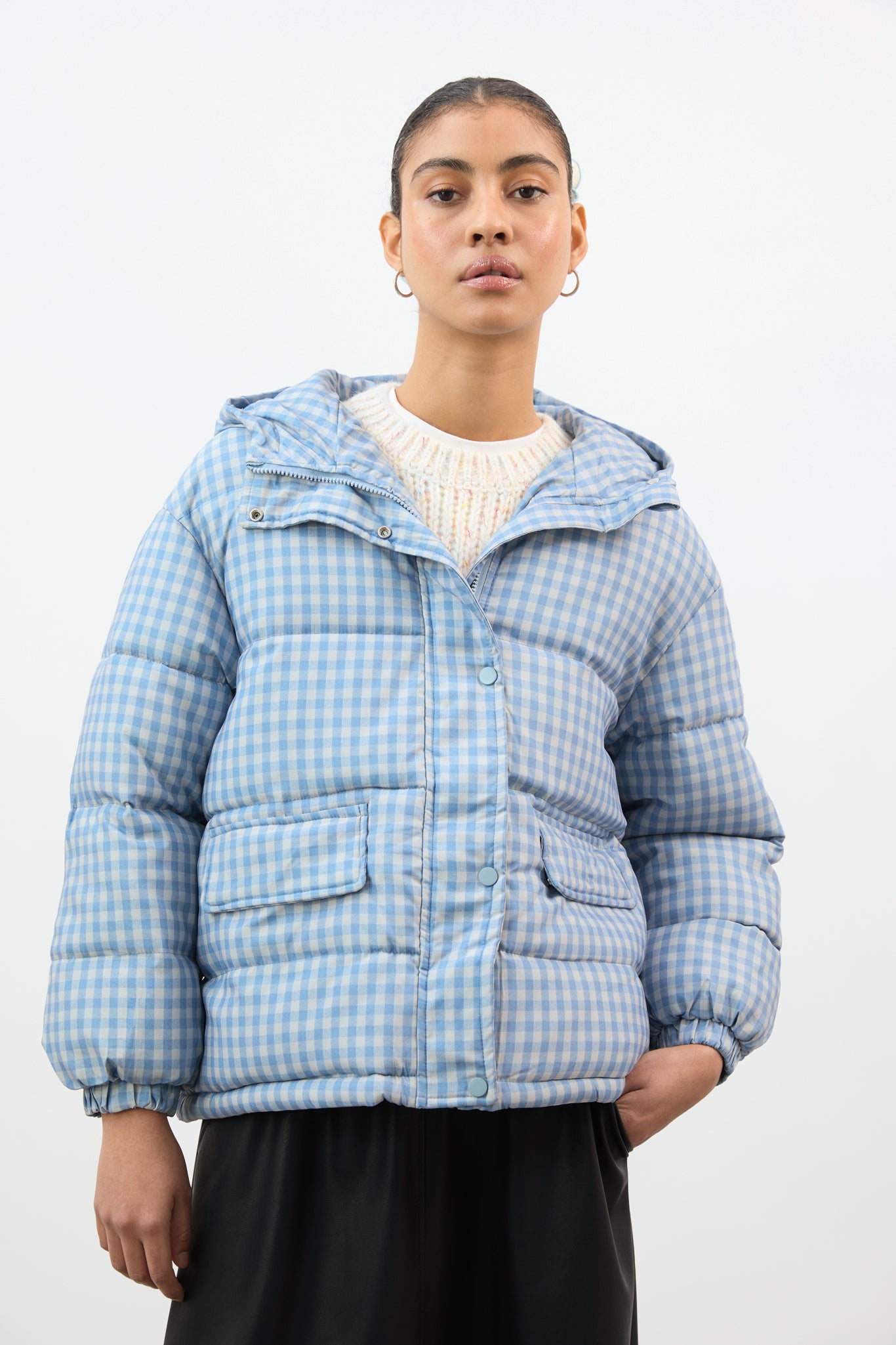 Pale blue and ivory gingham hooded puffer coat_1