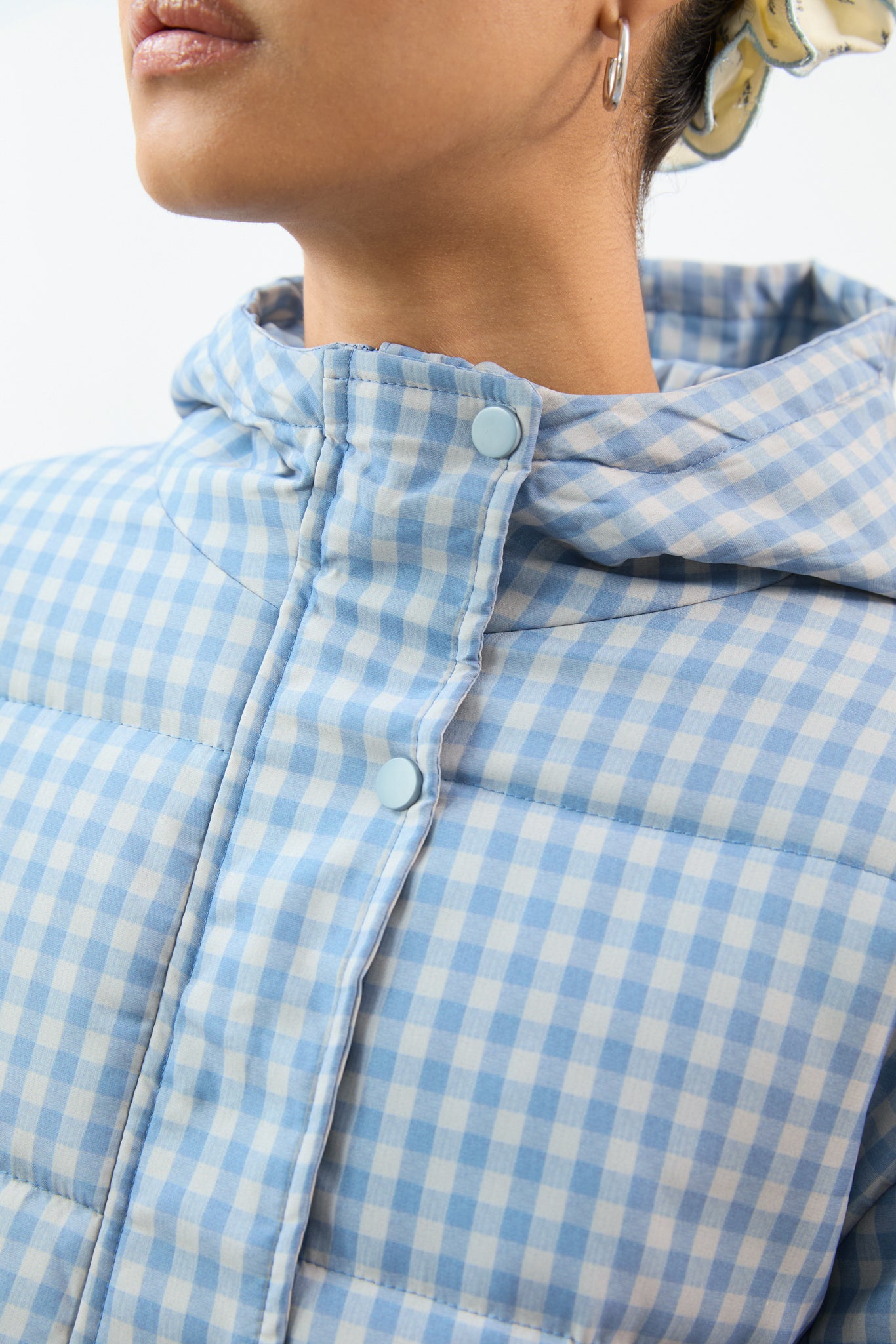 Pale blue and ivory gingham hooded puffer coat_4