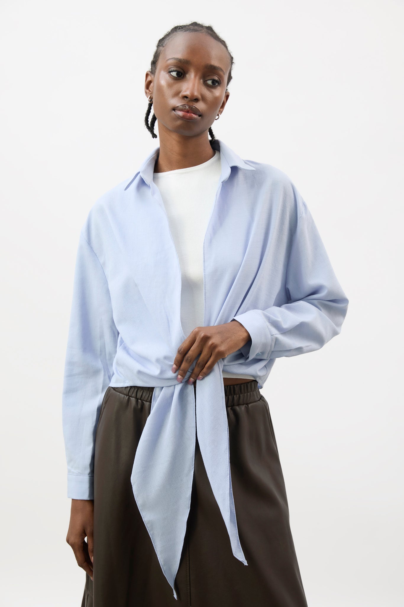 Pale blue linen plunging tie front shirt_2