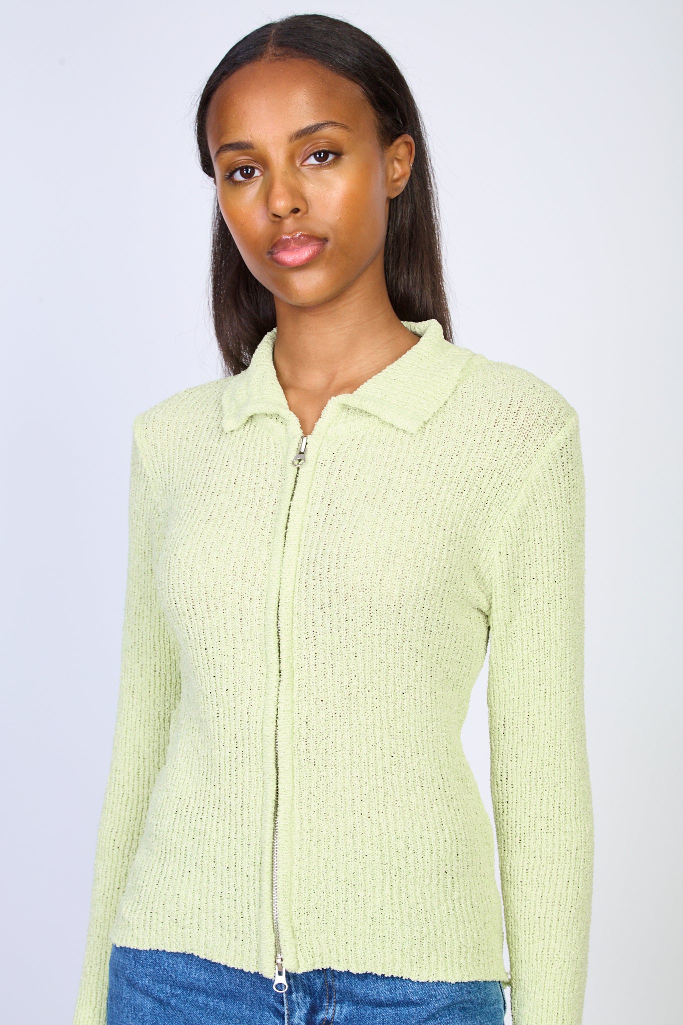 Pale green double zip collared cardigan_1