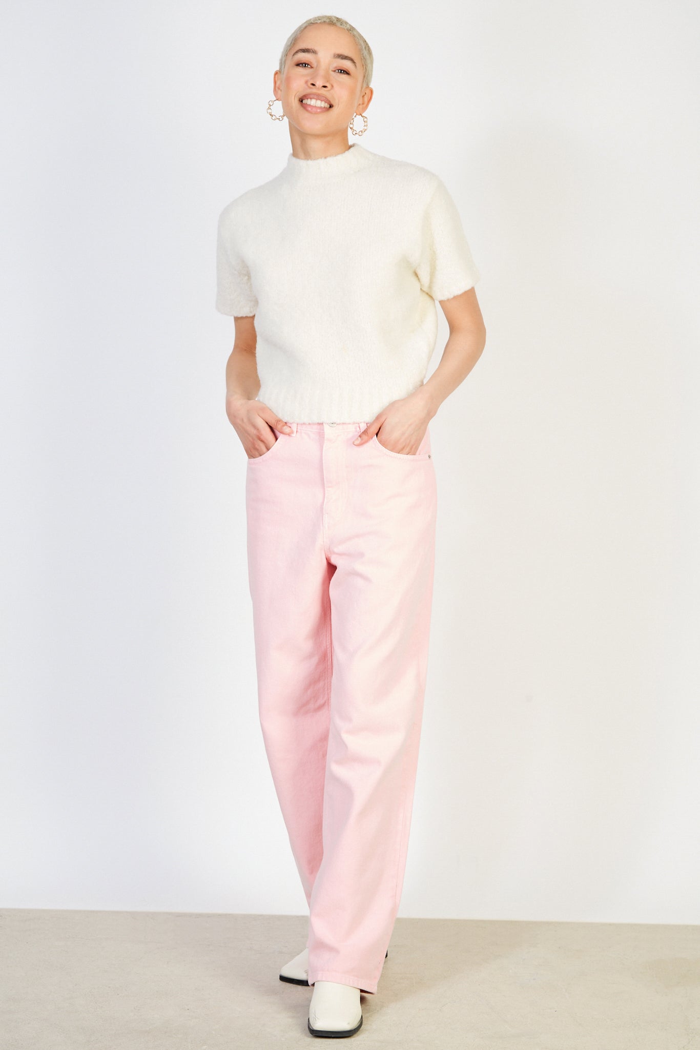 Pale pink adjustable waist double button jeans_4