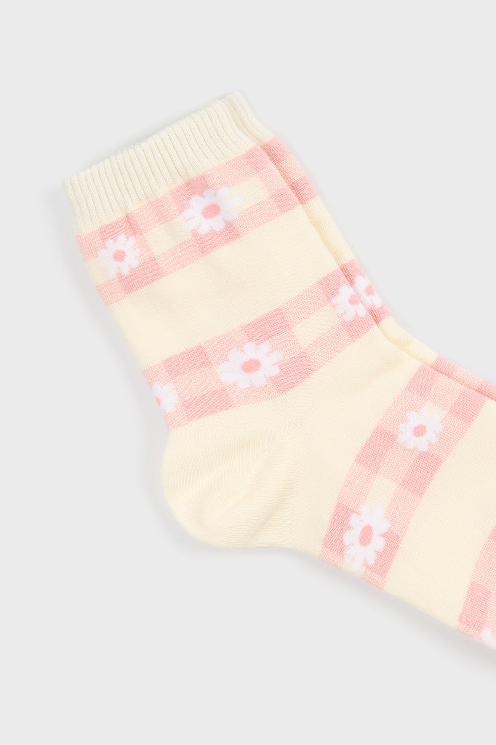 Pale pink daisy gingham striped socks_4