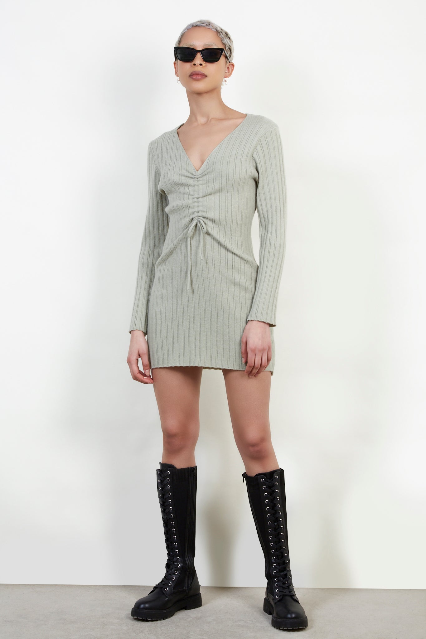 Pale green ribbed pull front knit mini dress_2