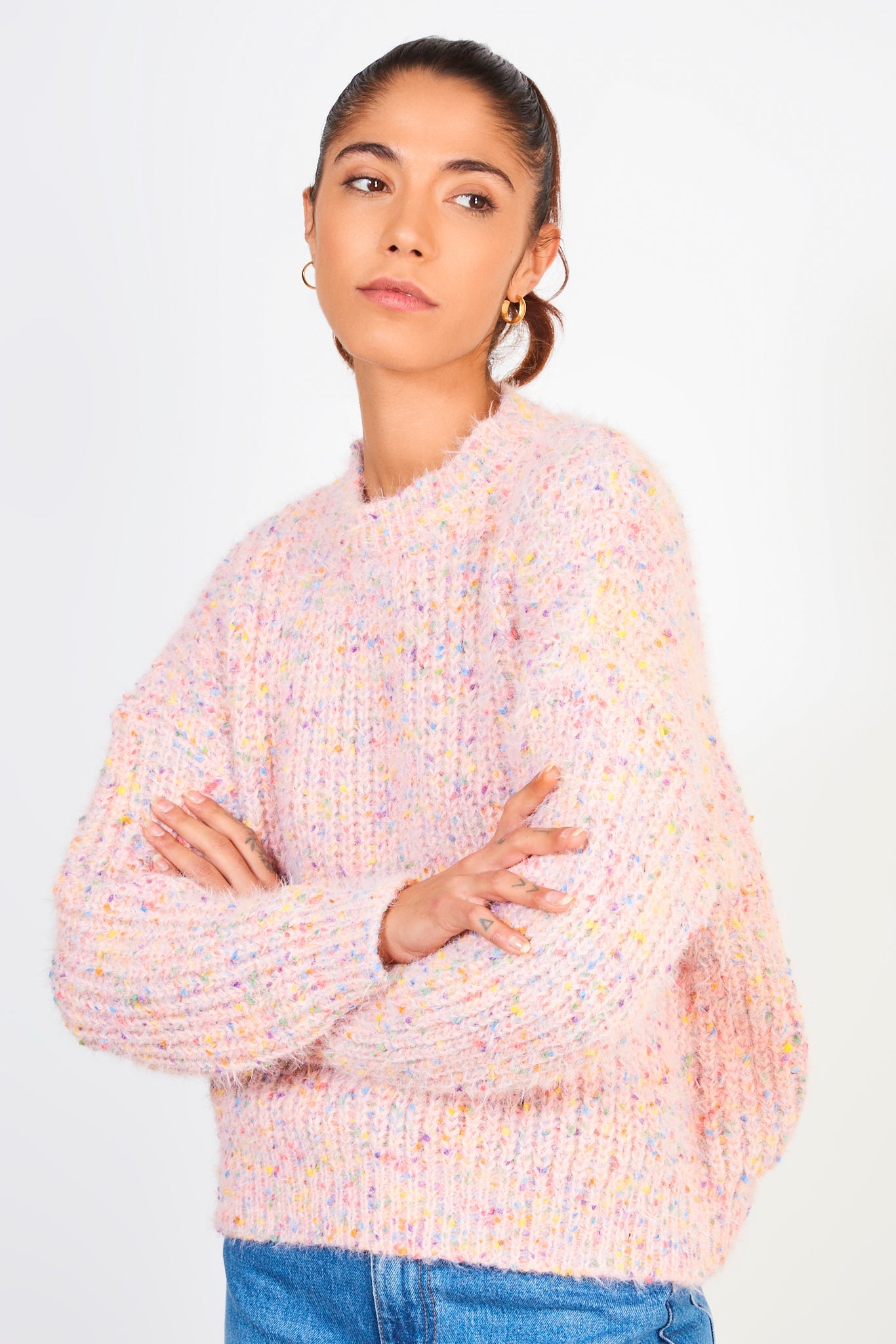 Pale pink bold fuzzy rainbow fleck crew neck jumper_1