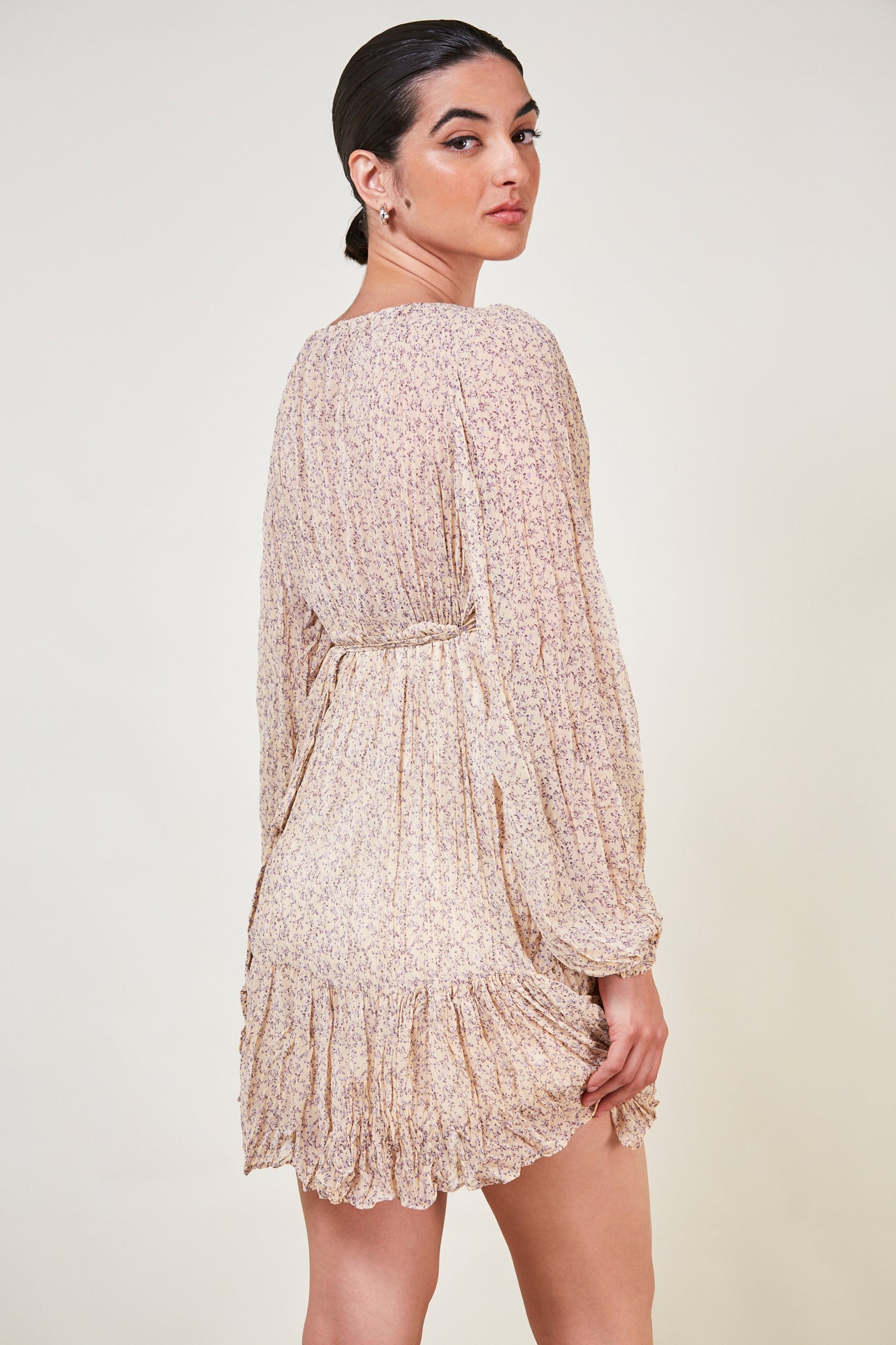 Pale yellow and lilac floral print mini dress_2