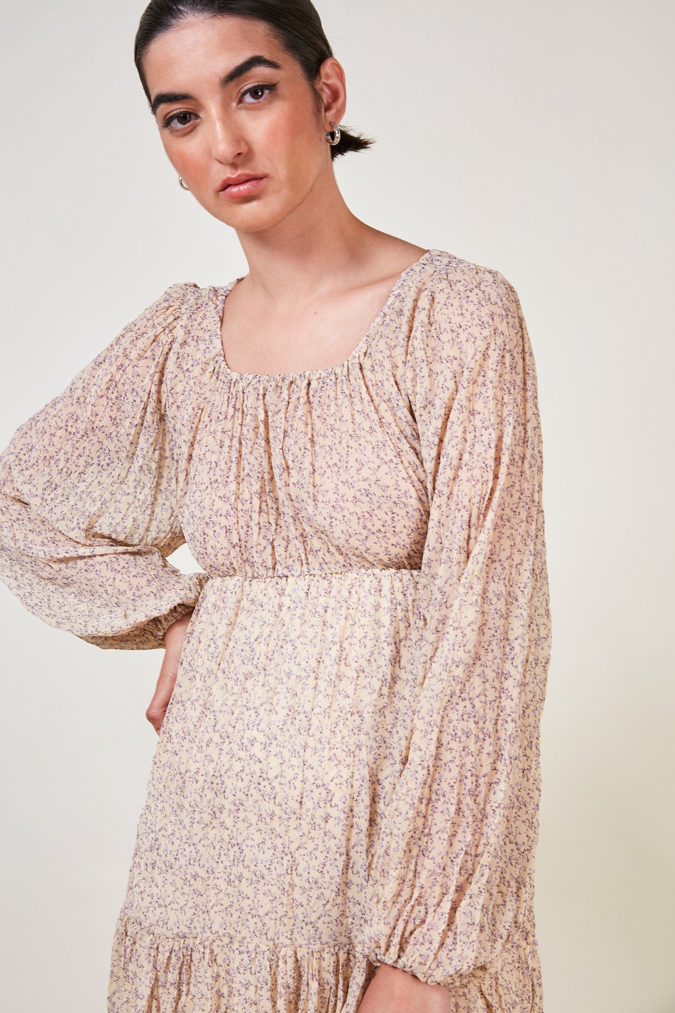 Pale yellow and lilac floral print mini dress_4