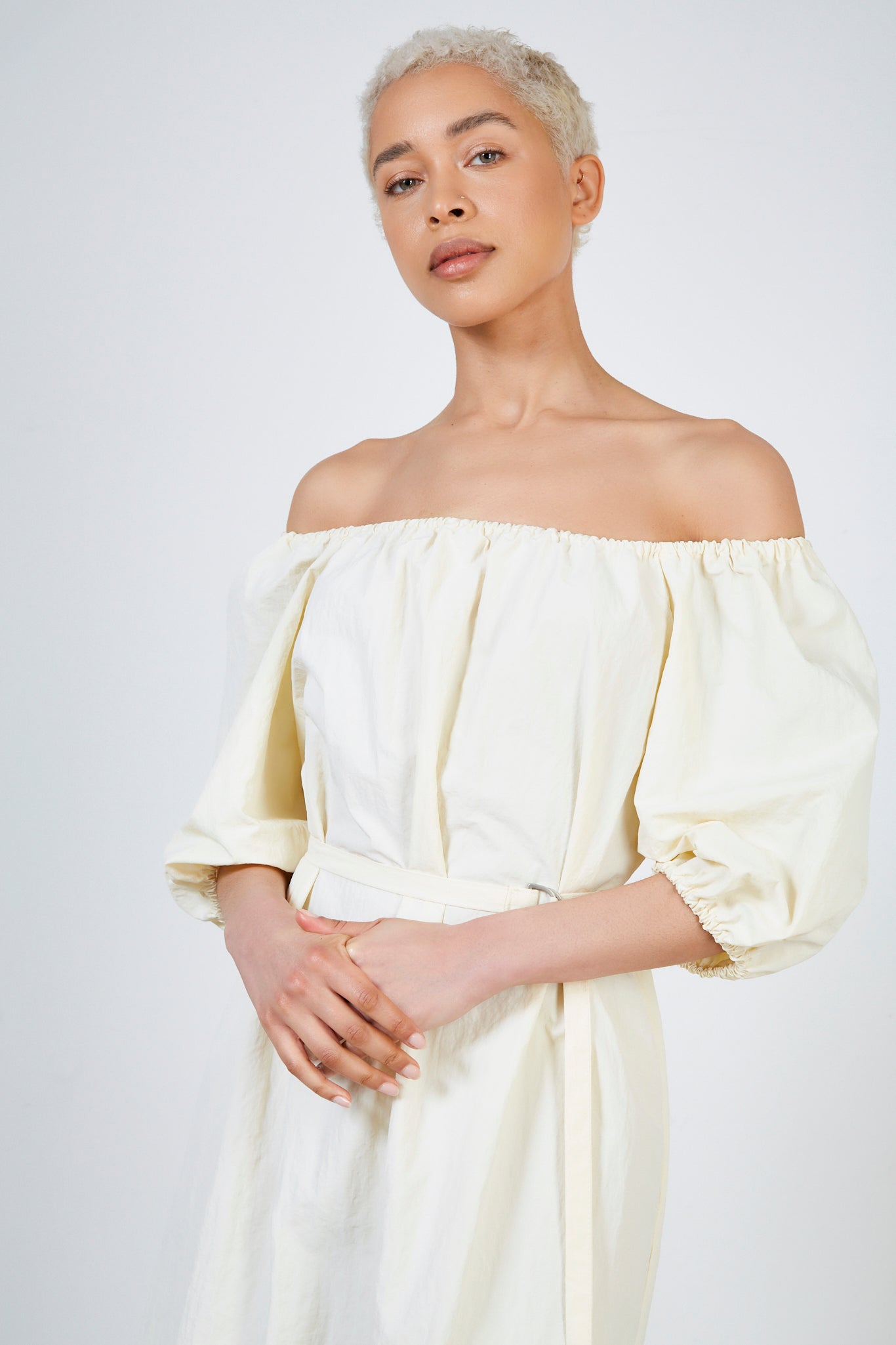 Pale yellow puff sleeve belted off shoulder dress_3