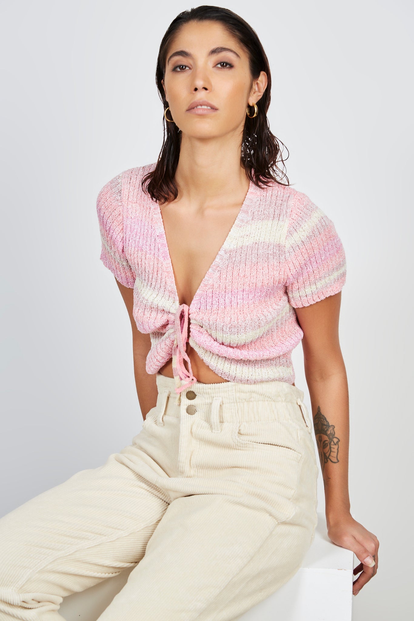 Pastel pink purple and yellow striped knit tee_5