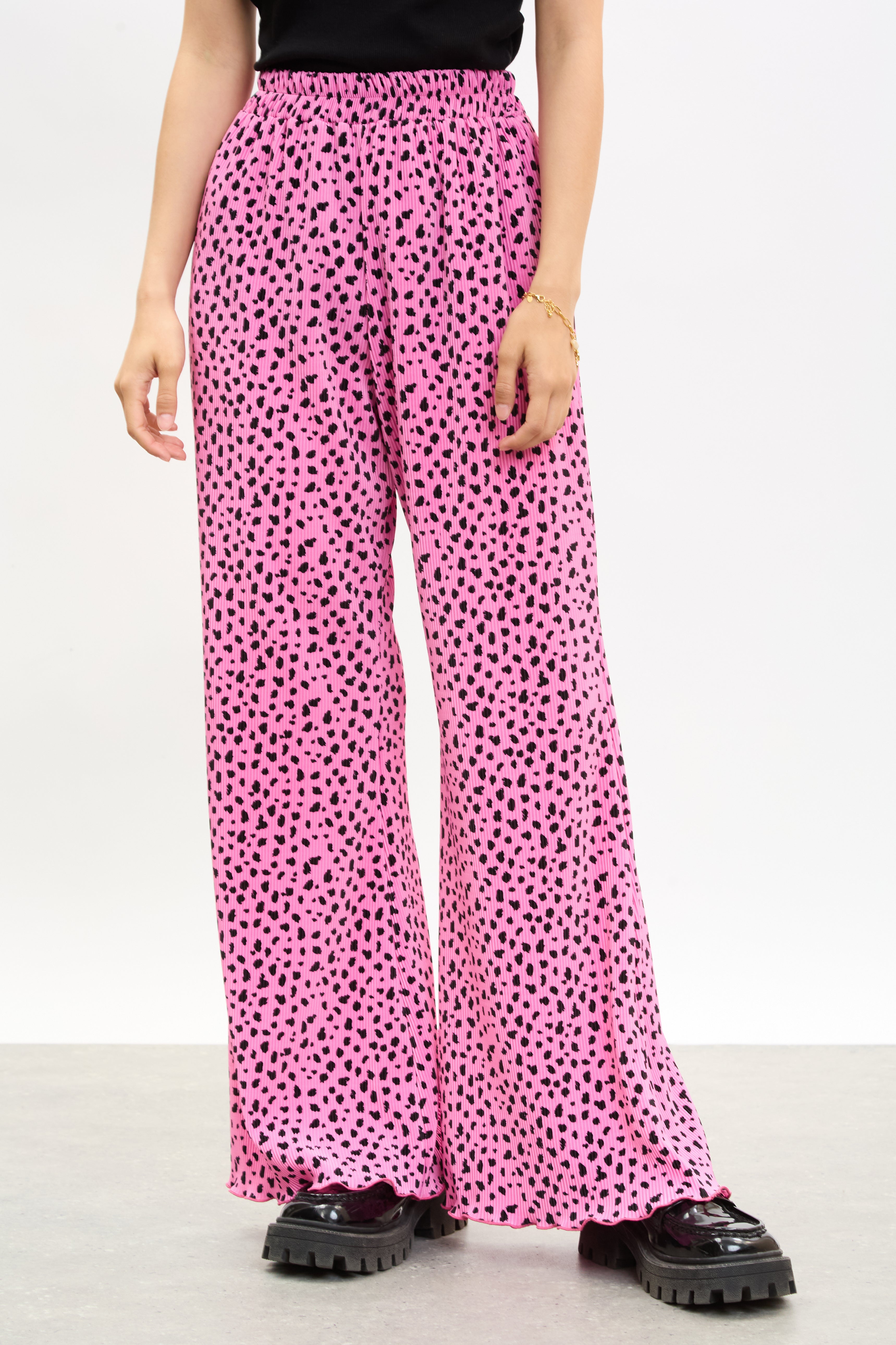 Pink and black dot print ribbed trousers_1