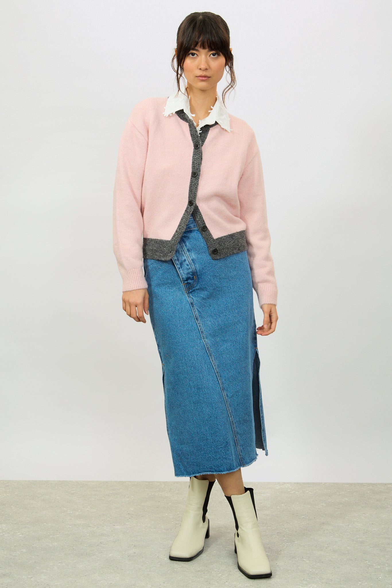 Pink and charcoal contrast trim cardigan_4