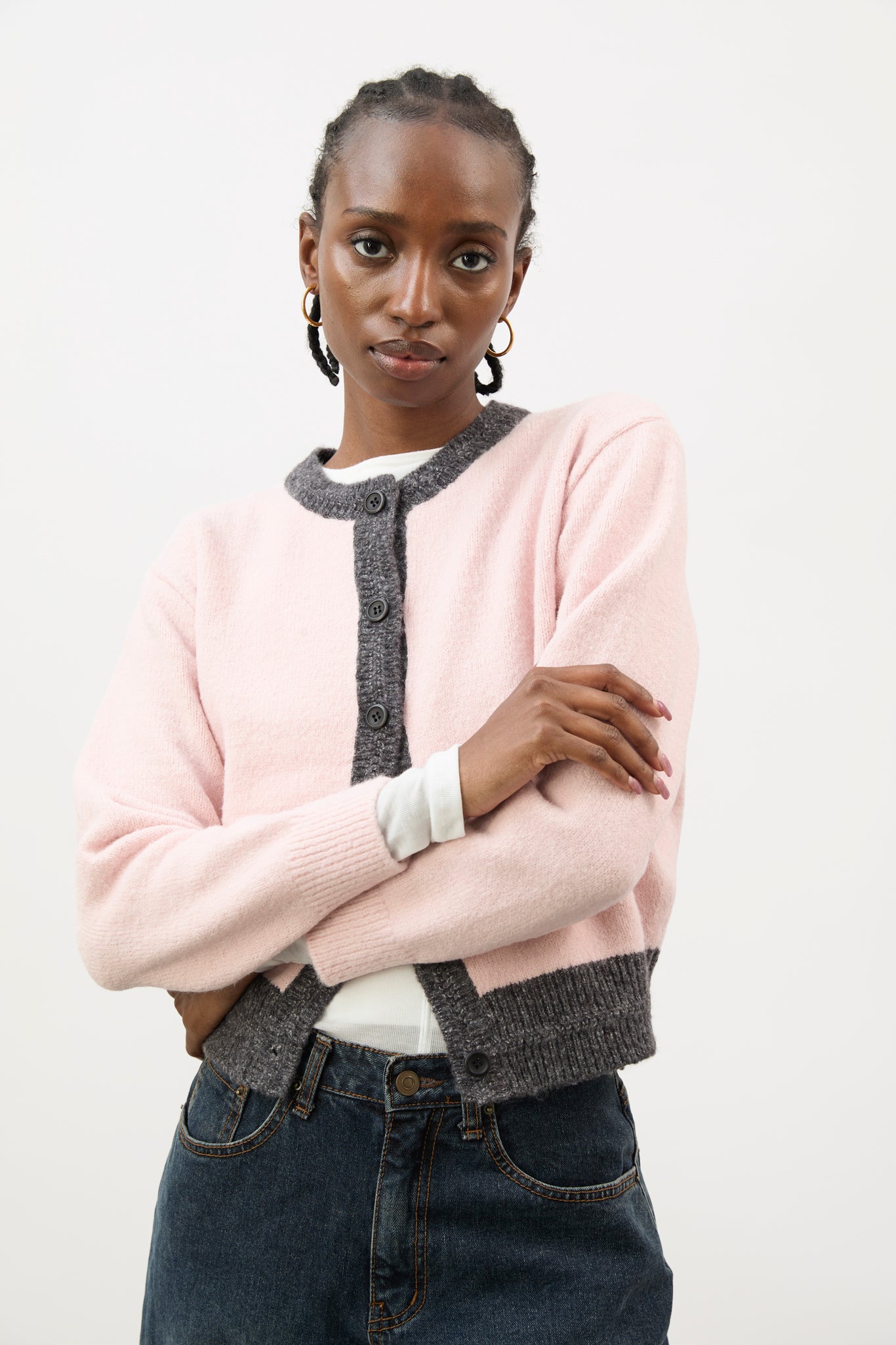 Pink and charcoal contrast trim cardigan_1